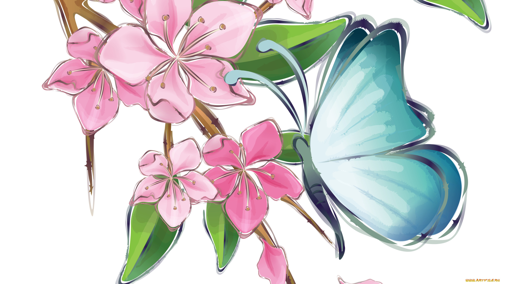 рисованные, природа, бабочка, ветка, цветы