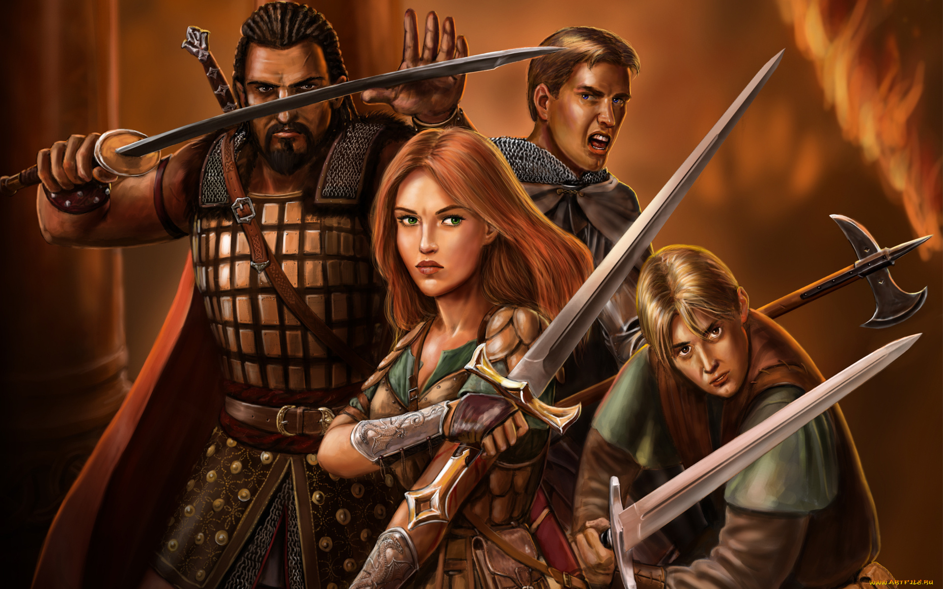 фэнтези, люди, мечи, воины, мужчины, девушка, доспехи, ожидание, оборона