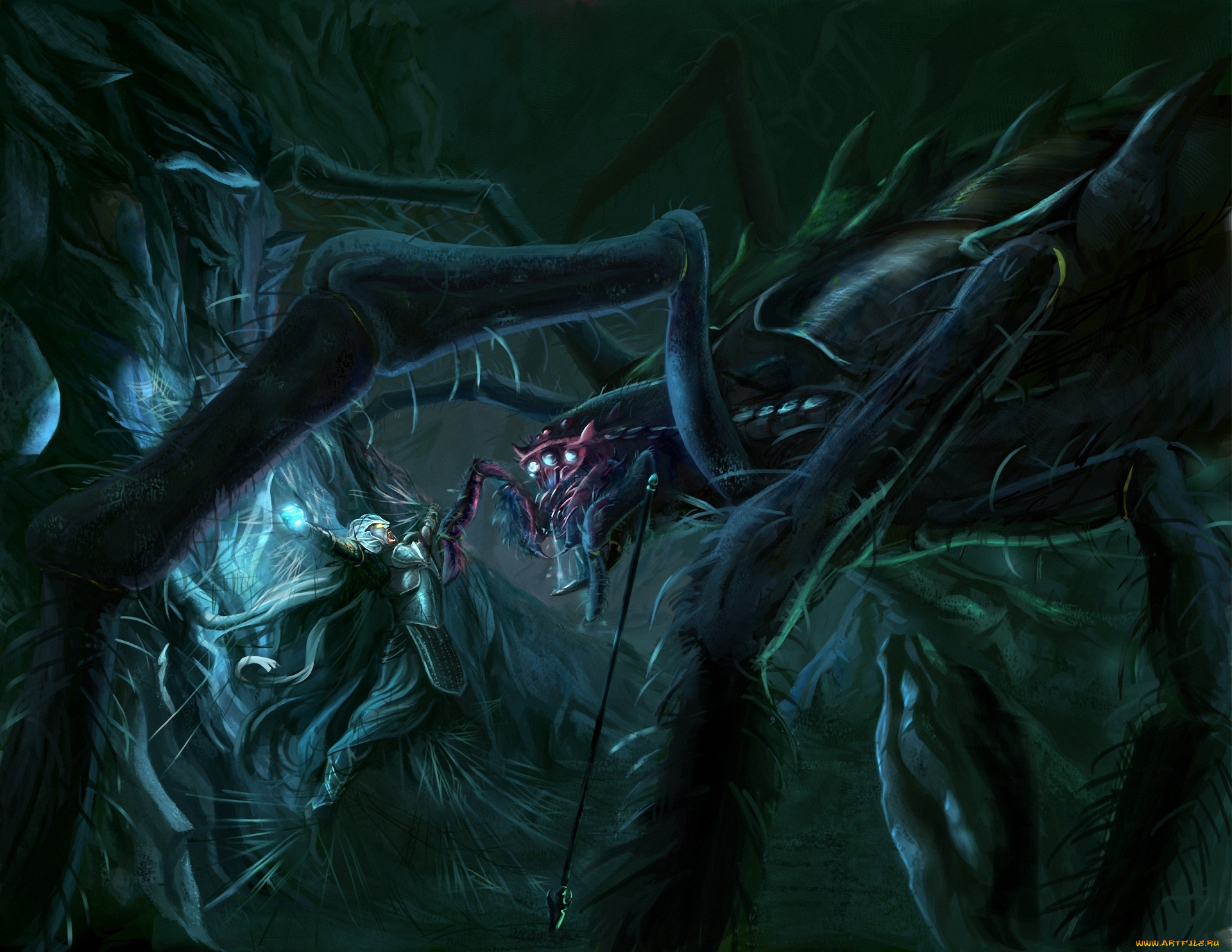 фэнтези, существа, гигантский, паук, монстр, паутина, воин