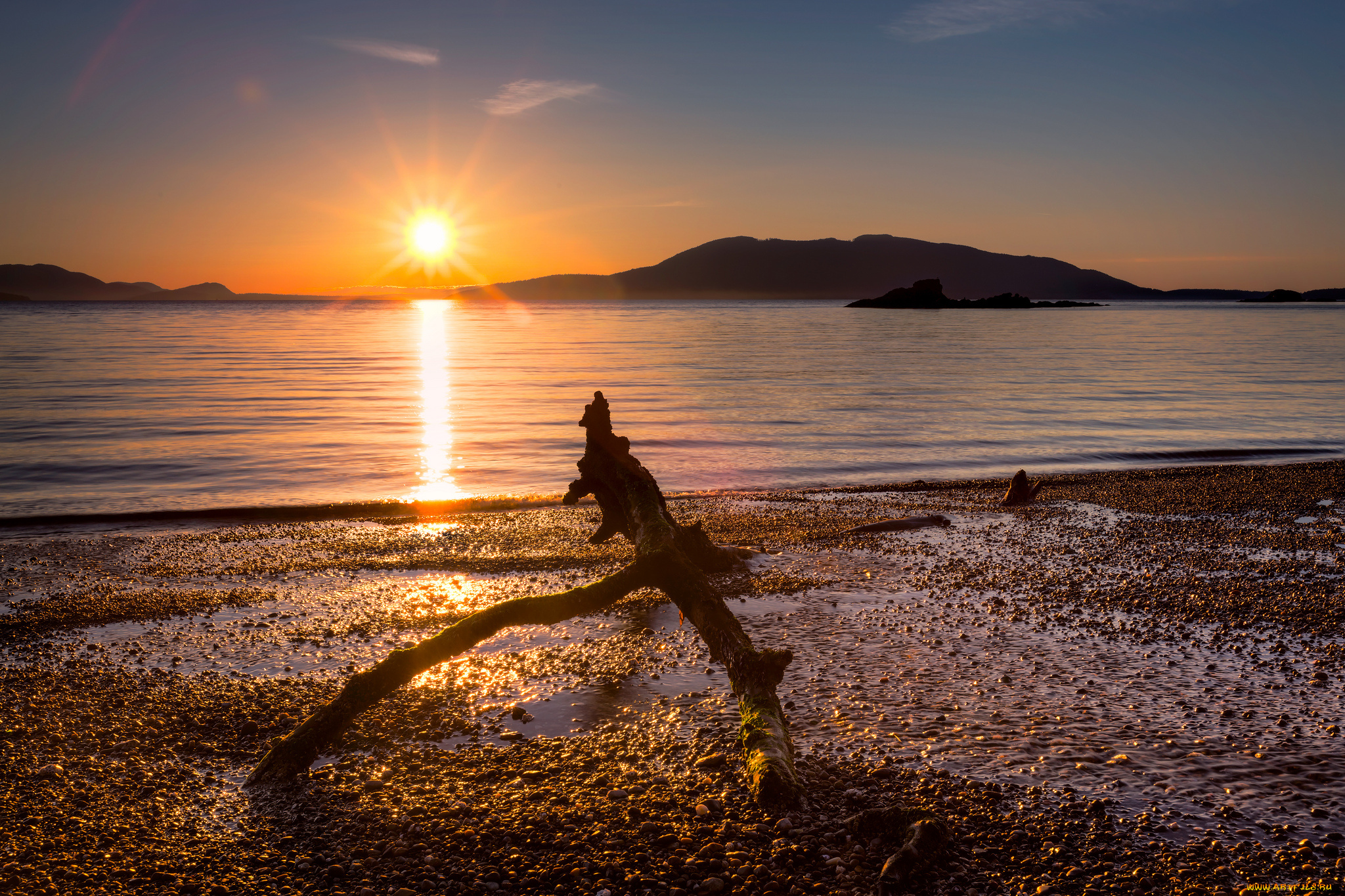 природа, восходы, закаты, лучи, солнце, острова, коряга, пляж