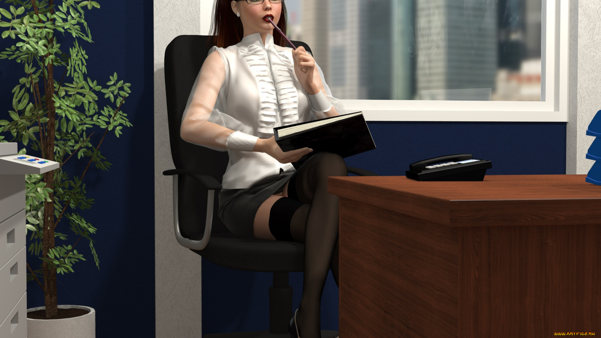 3д, графика, люди, , people, девушка, взгляд, фон, стол, офис