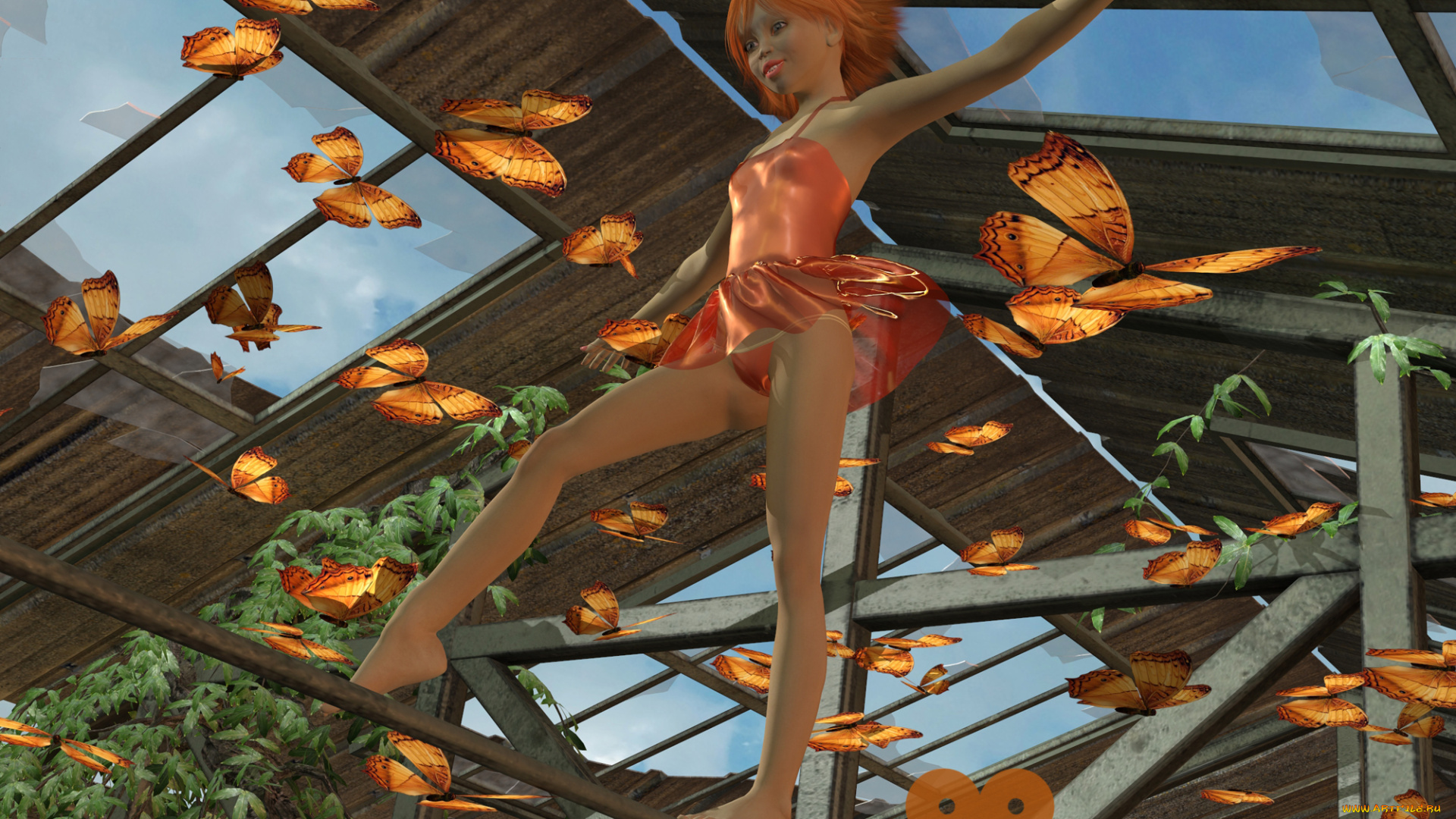 3д, графика, люди, , people, взгляд, девушка, бабочки, улыбка, фон