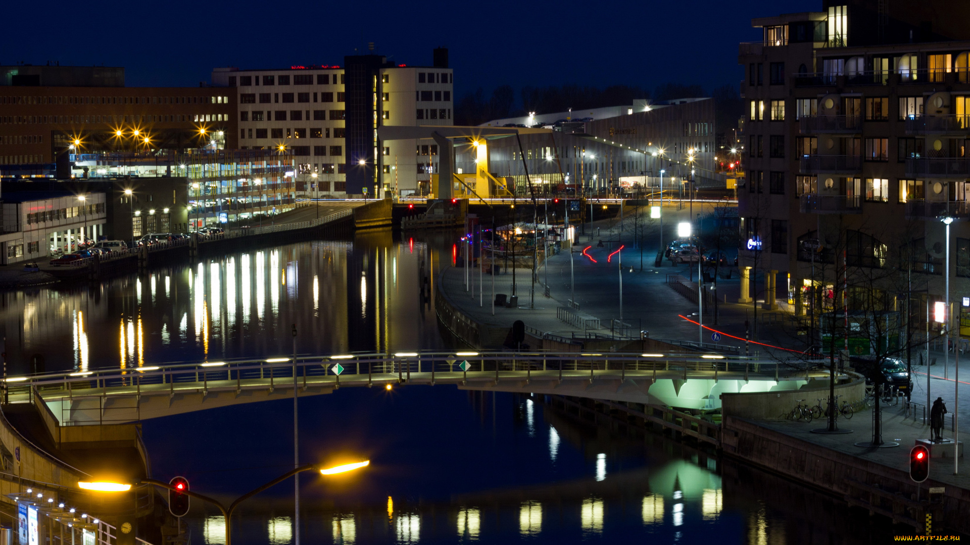 алкмар, нидерланды, города, -, огни, ночного, города, огни, ночь, река, алкмар, дома