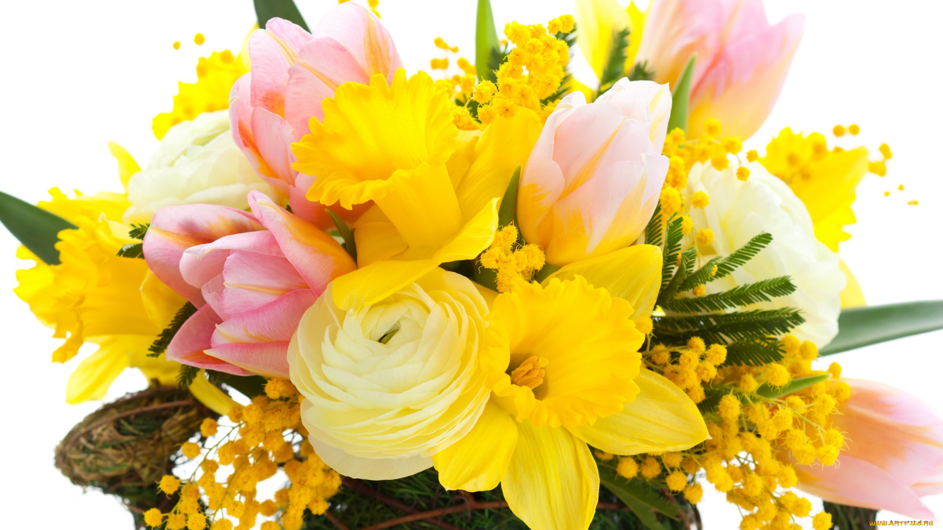 цветы, букеты, , композиции, petals, bouquet, mimosa, yellow, narcissus, pink, bright, flowers, tulips, розовые, тюльпаны, листья, букет, мимоза, жёлтые, нарциссы, красота, лепестки