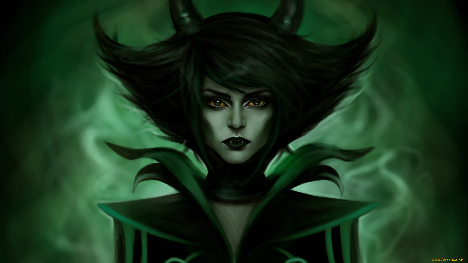 фэнтези, демоны, фон, mochifin, арт, рога, девушка, клыки