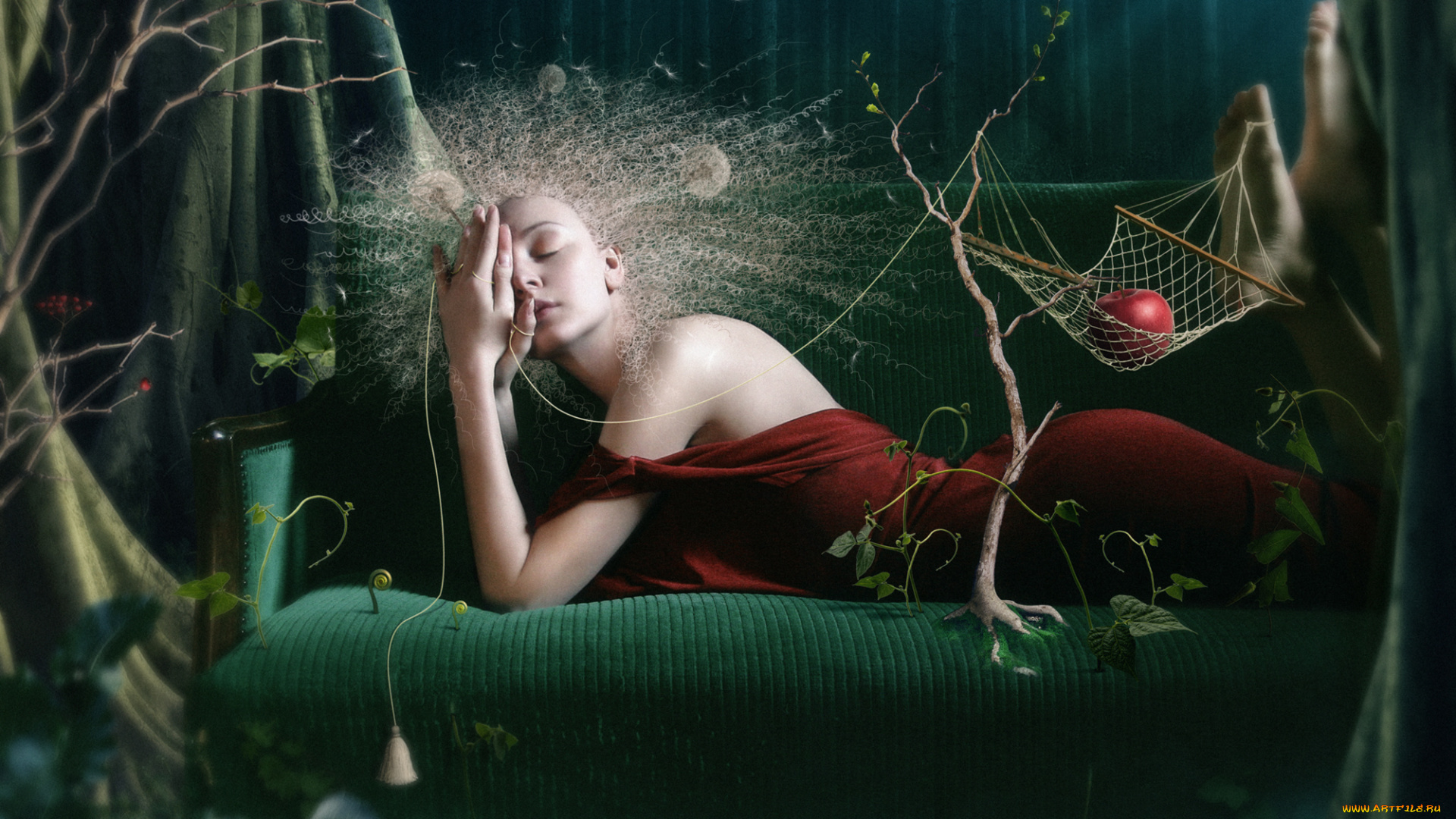 фэнтези, фотоарт, ягоды, яблоко, гамак, девушка, сюрреализм, деревья, лес, креатив