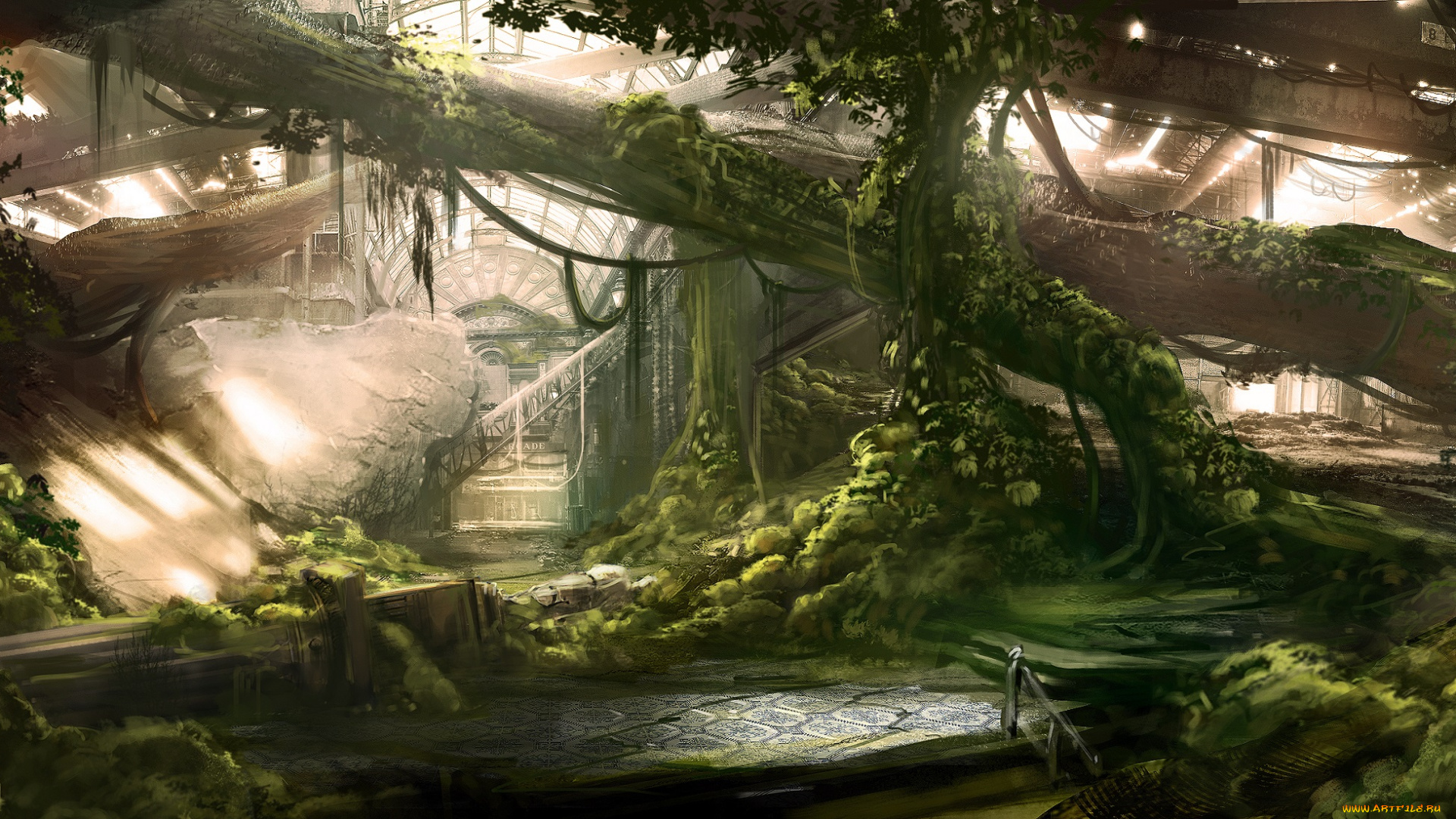 фэнтези, иные, миры, , иные, времена, арт, заброшенность, стволы, деревья, город, человек, руины