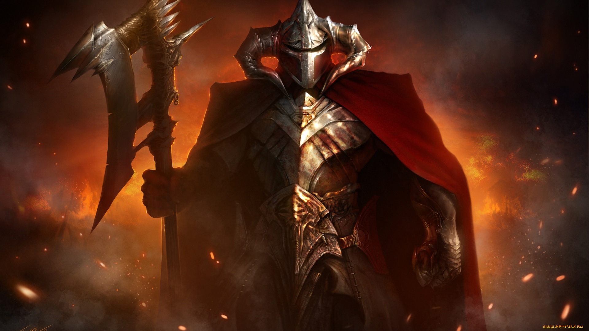 фэнтези, люди, шлем, огонь, пламя, доспехи, оружие, воин