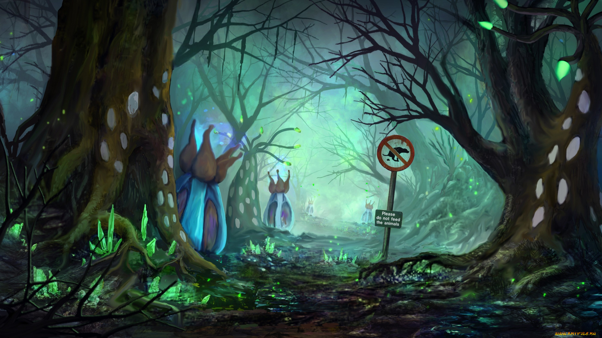 фэнтези, пейзажи, аллея, дервья, знак, лес, арт, цветы, растения