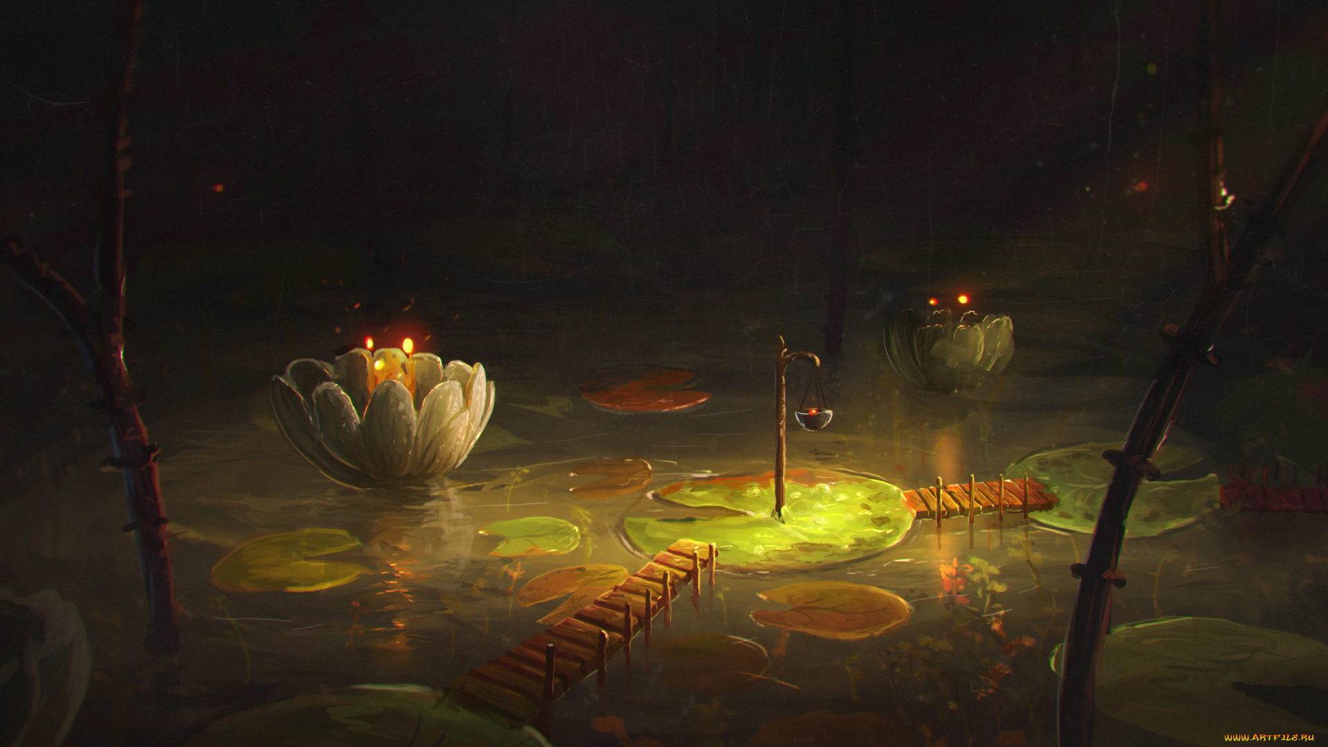 фэнтези, пейзажи, цветки, лотос, озеро, мостик, мир, иной