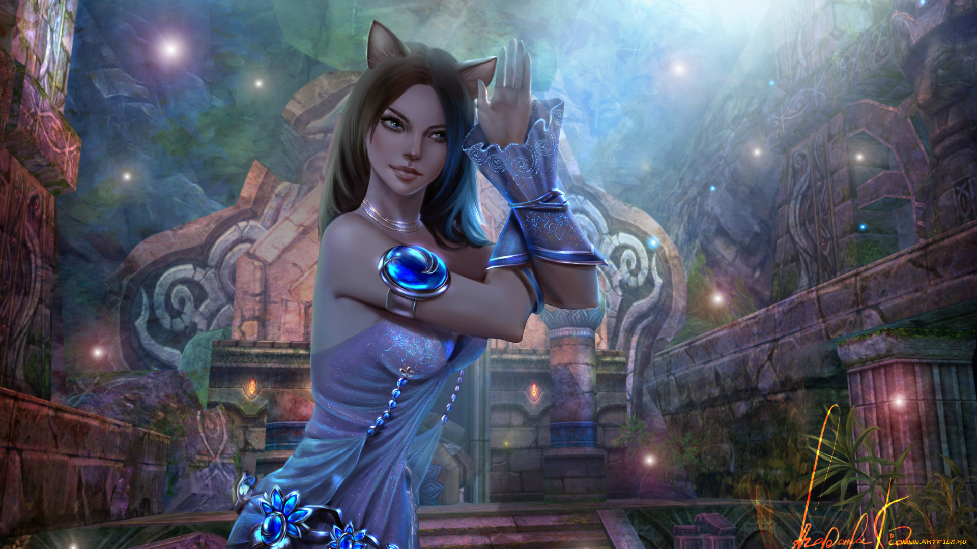 фэнтези, существа, платье, девушка, арт, ушки