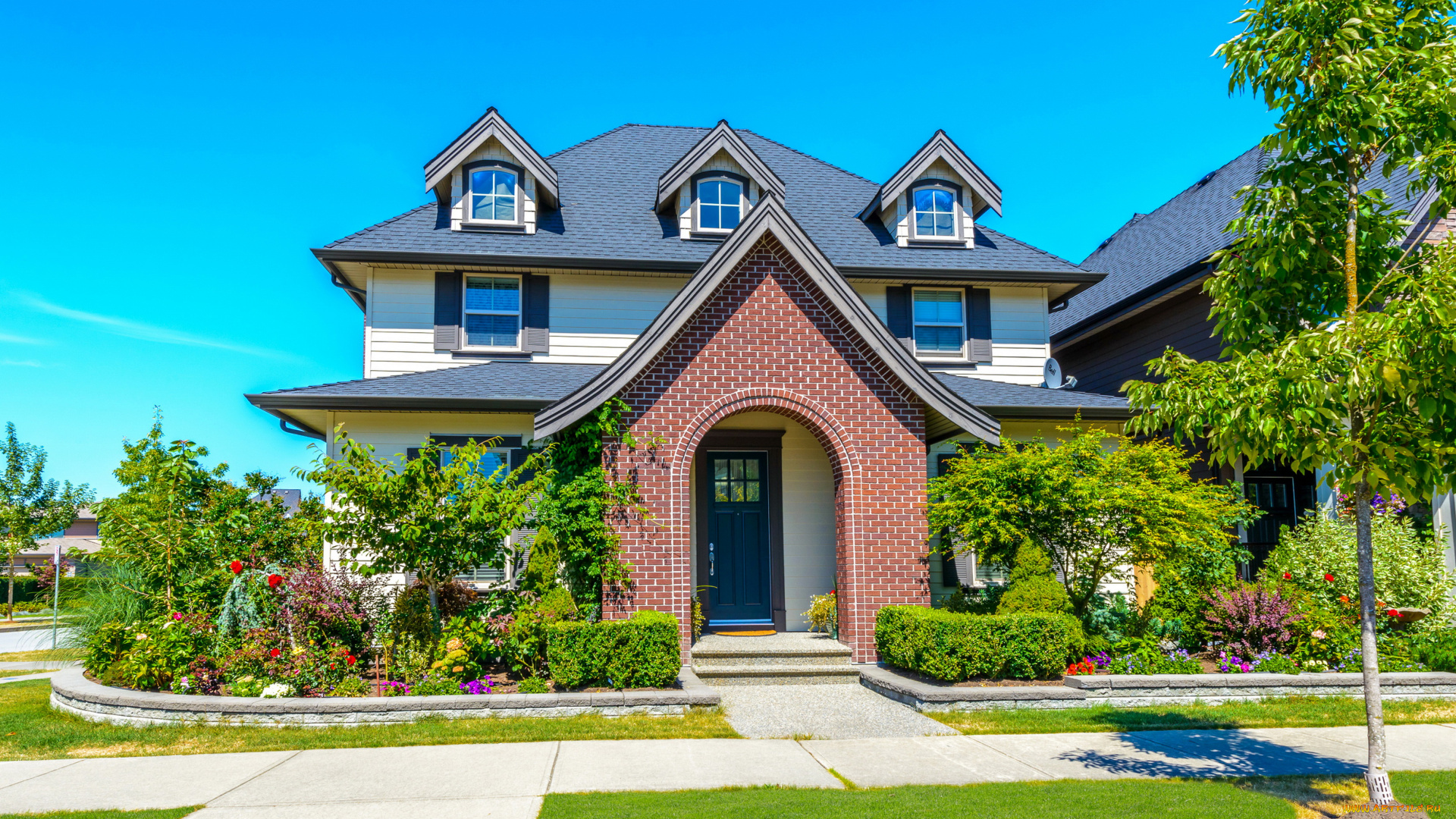 города, -, здания, , дома, газон, цветы, ландшафт, дизайн, особняк, дом