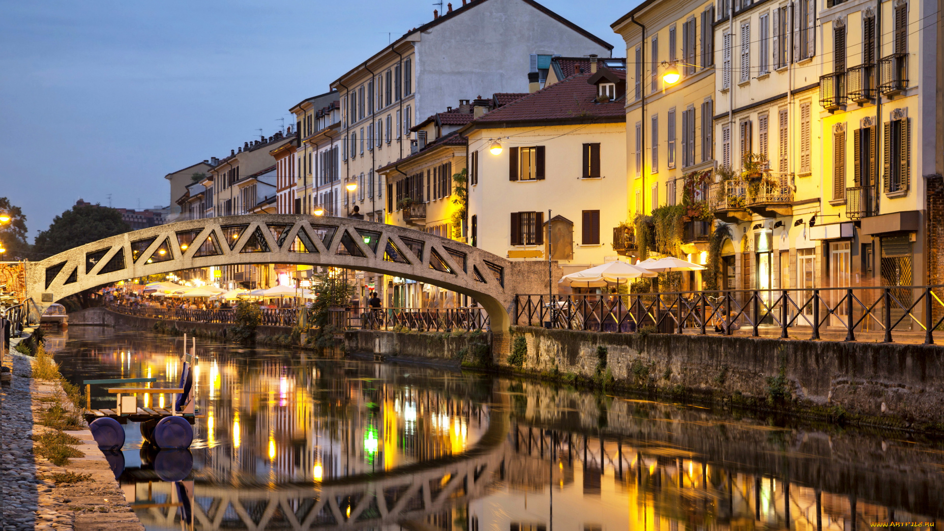 милан, италия, города, милан, , италия, ночь, мост, река, дома, милан, огни