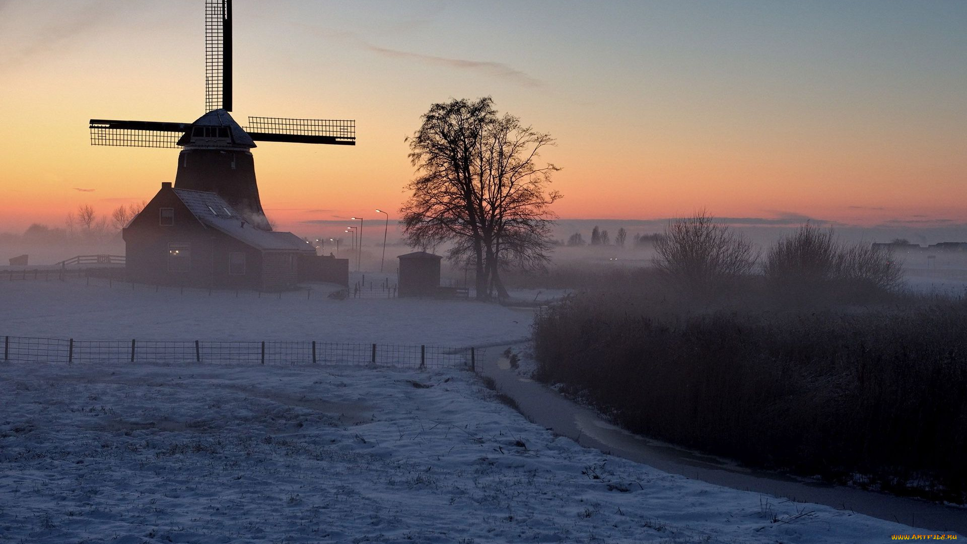 разное, мельницы, деревья, зима, дом