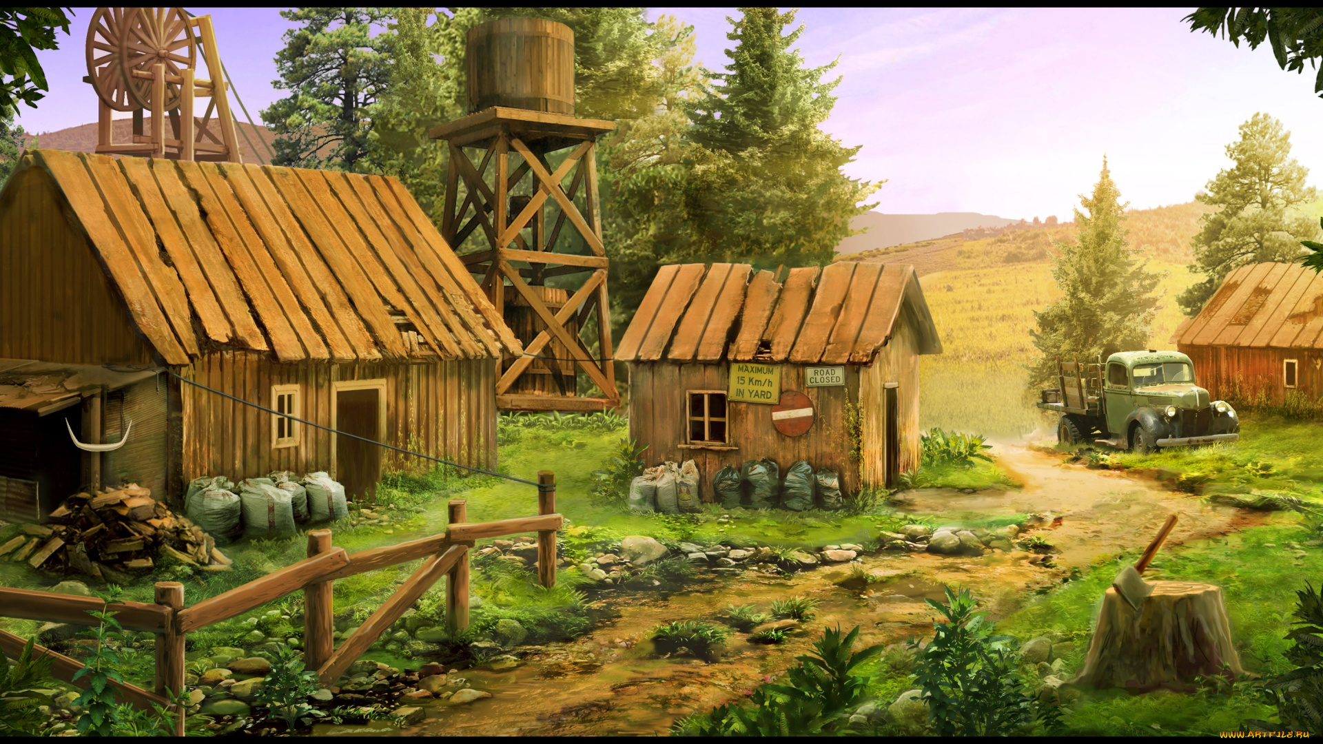 рисованное, города, автомобиль, дома, пейзаж, дорога