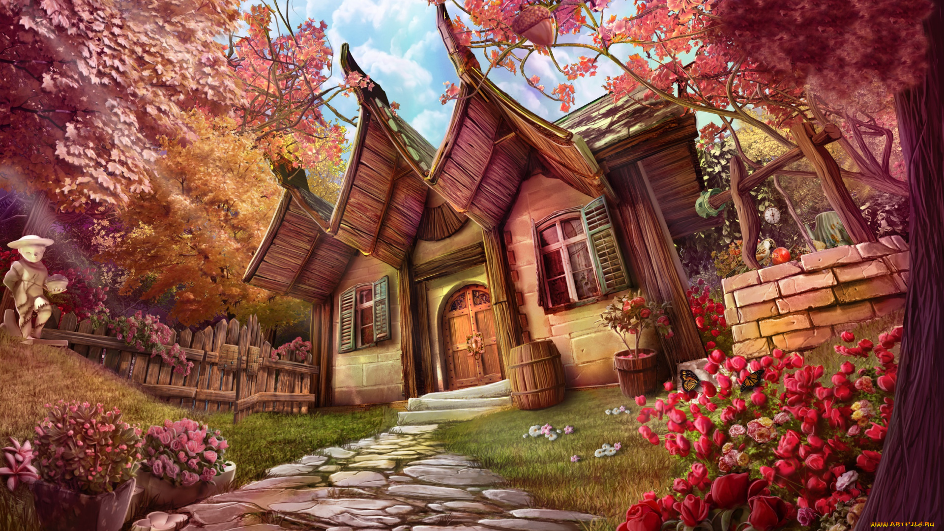 рисованное, города, цветы, лето, домик