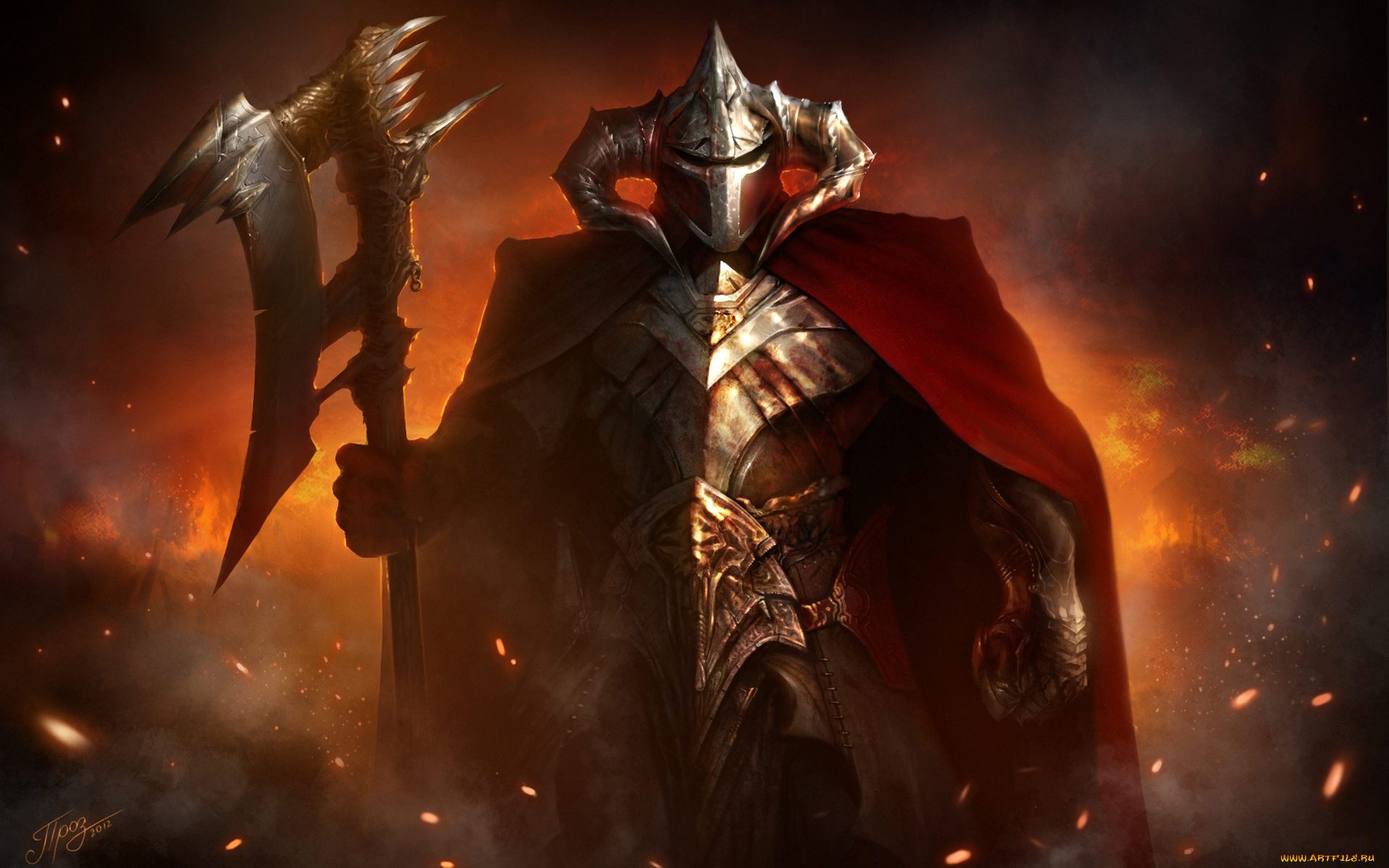 фэнтези, люди, шлем, огонь, пламя, доспехи, оружие, воин