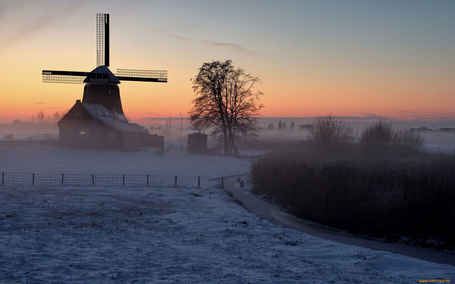 разное, мельницы, деревья, зима, дом
