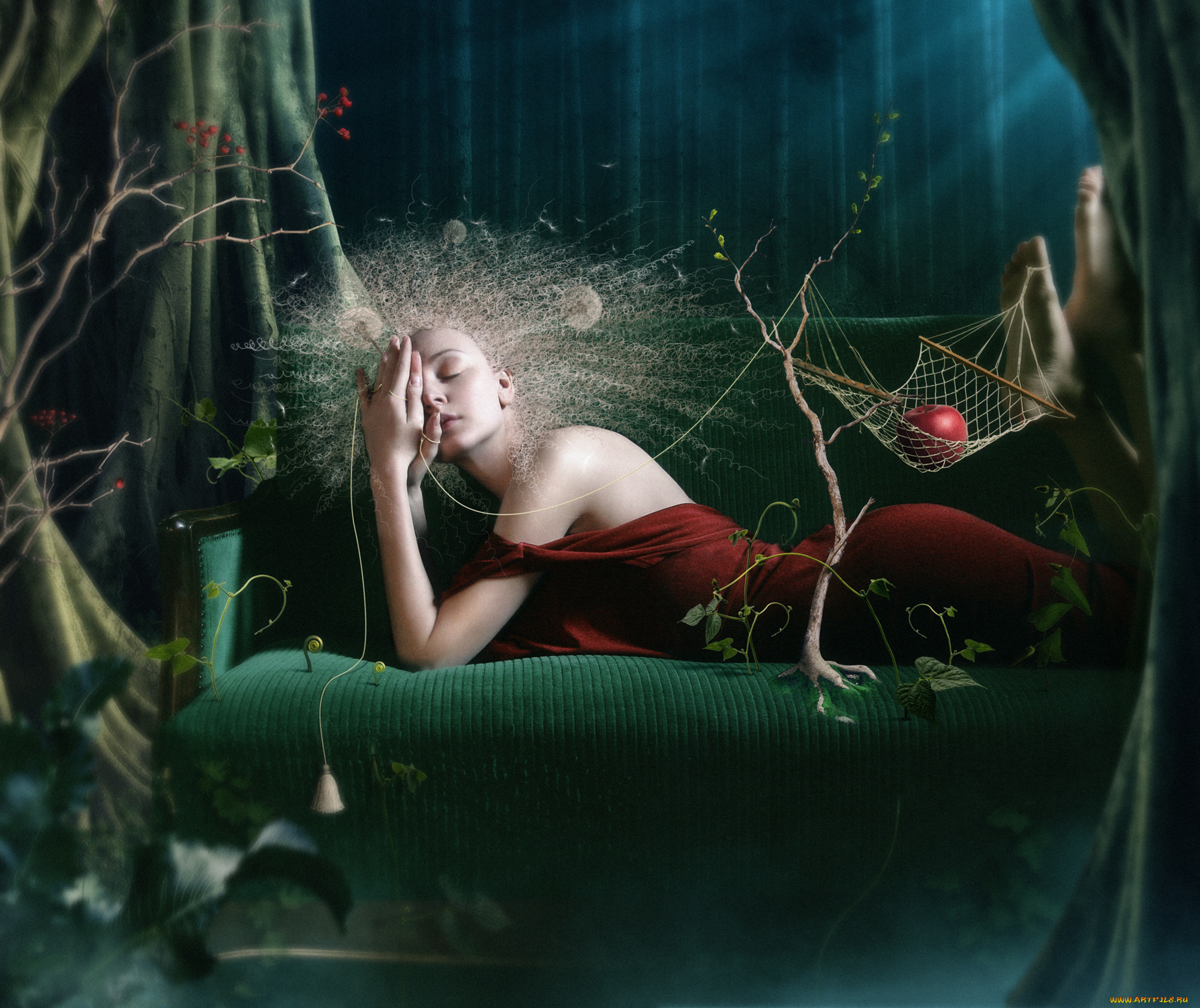 фэнтези, фотоарт, ягоды, яблоко, гамак, девушка, сюрреализм, деревья, лес, креатив
