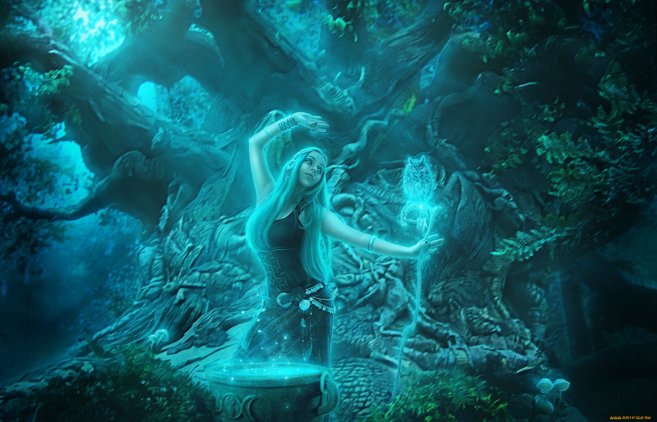 фэнтези, девушки, девушка, посох, сова, котел, дерево, ведьма