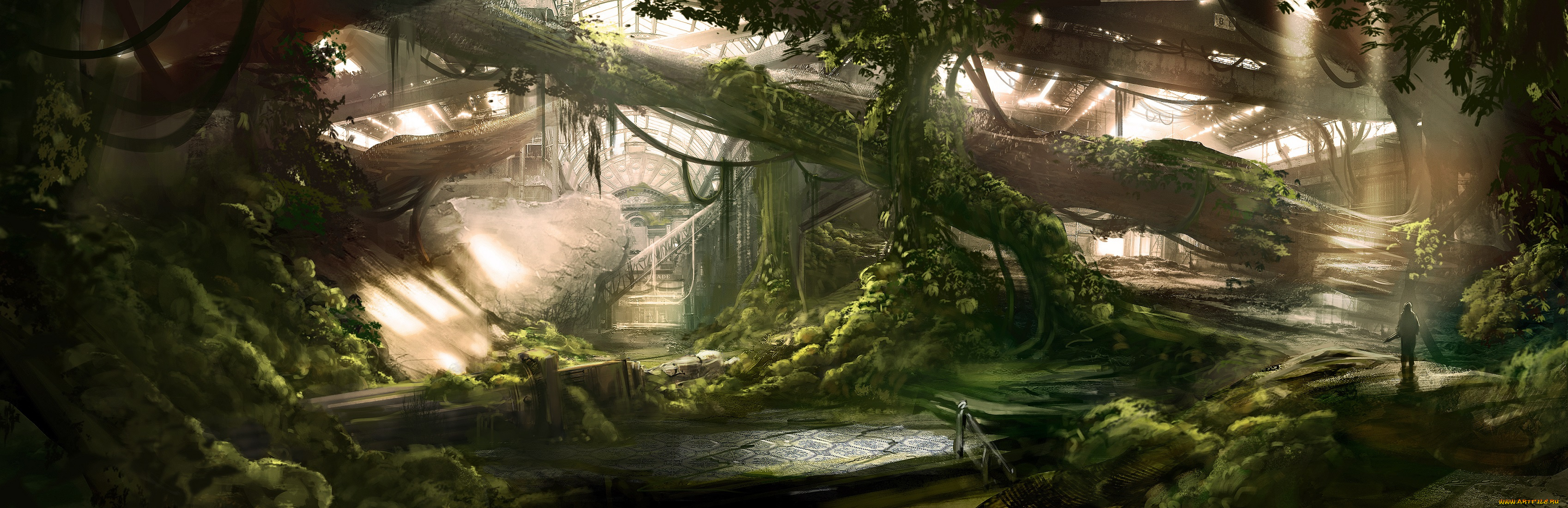 фэнтези, иные, миры, , иные, времена, арт, заброшенность, стволы, деревья, город, человек, руины