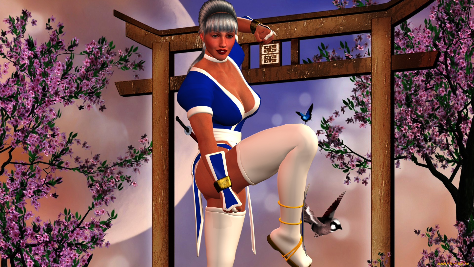 3д, графика, люди, , people, взгляд, девушка, птичка, сакура, улыбка, цветы, поза, фон, грудь