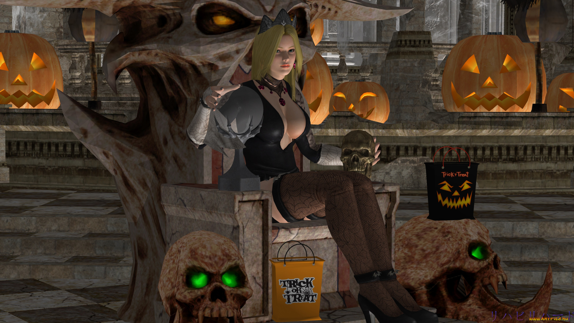 3д, графика, праздники, , holidays, фон, взгляд, тыквы, черепа, девушка