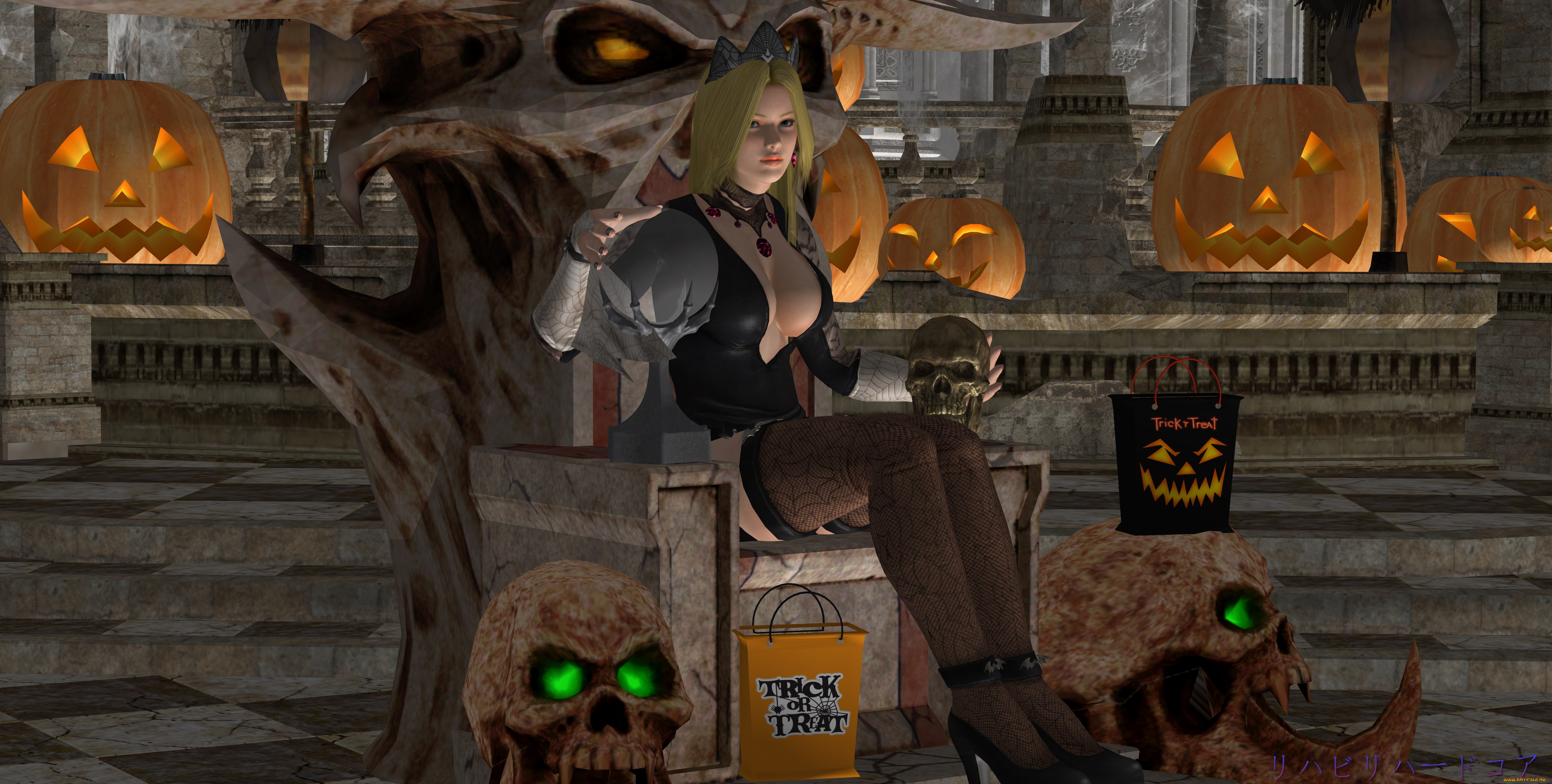 3д, графика, праздники, , holidays, фон, взгляд, тыквы, черепа, девушка