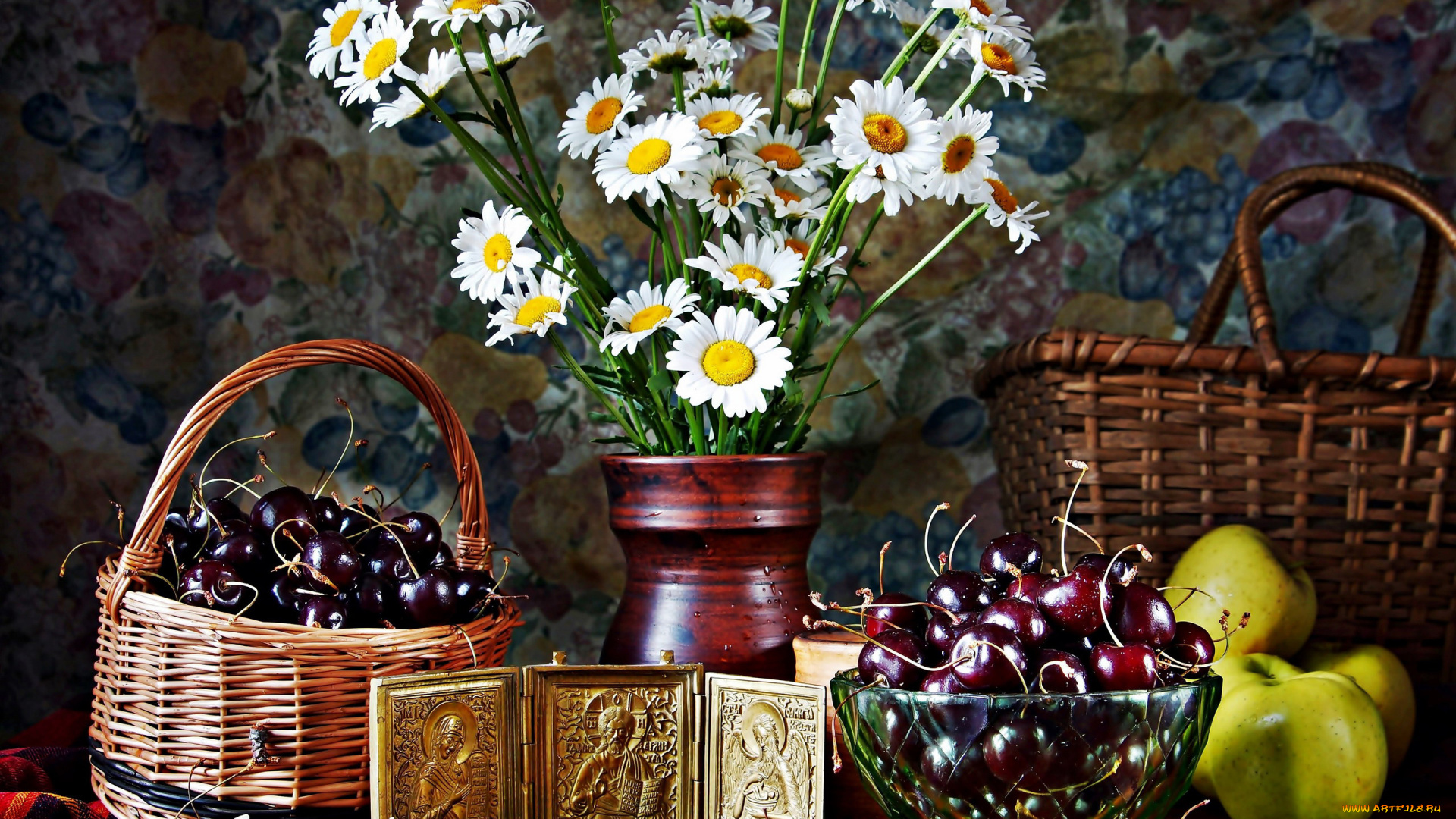 еда, натюрморт, яблоки, черешня, ромашки