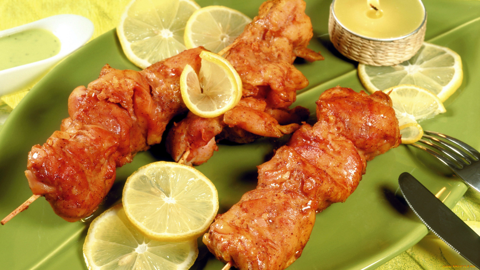 еда, шашлык, , барбекю, свеча, мясо, лимон