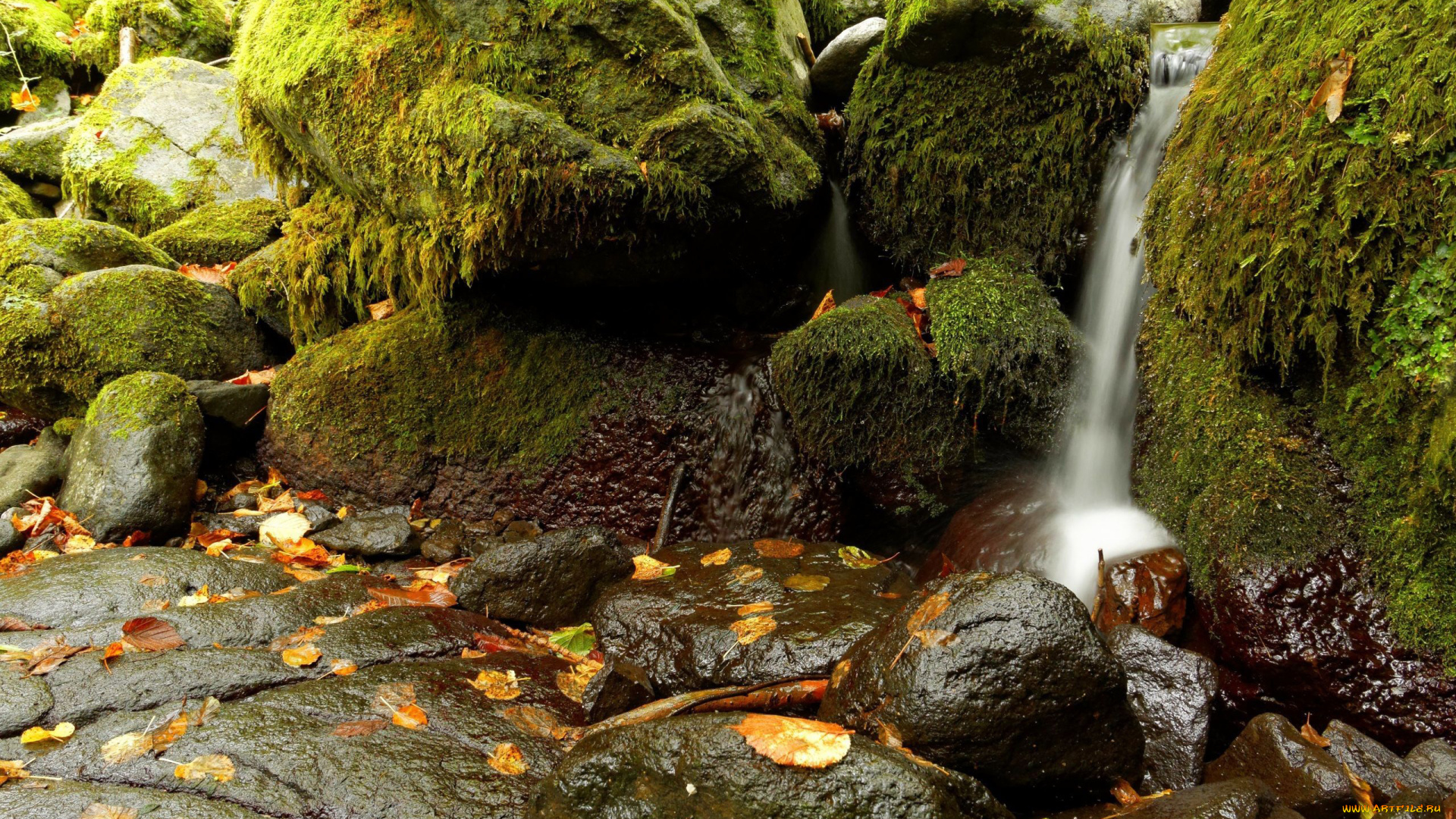 природа, водопады, мох, вода, камни