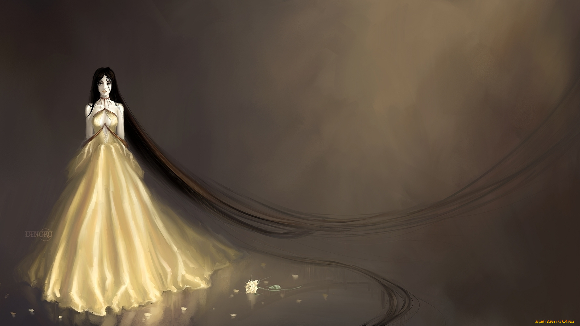 рисованное, люди, платье, волосы, девушка, роза, цветок