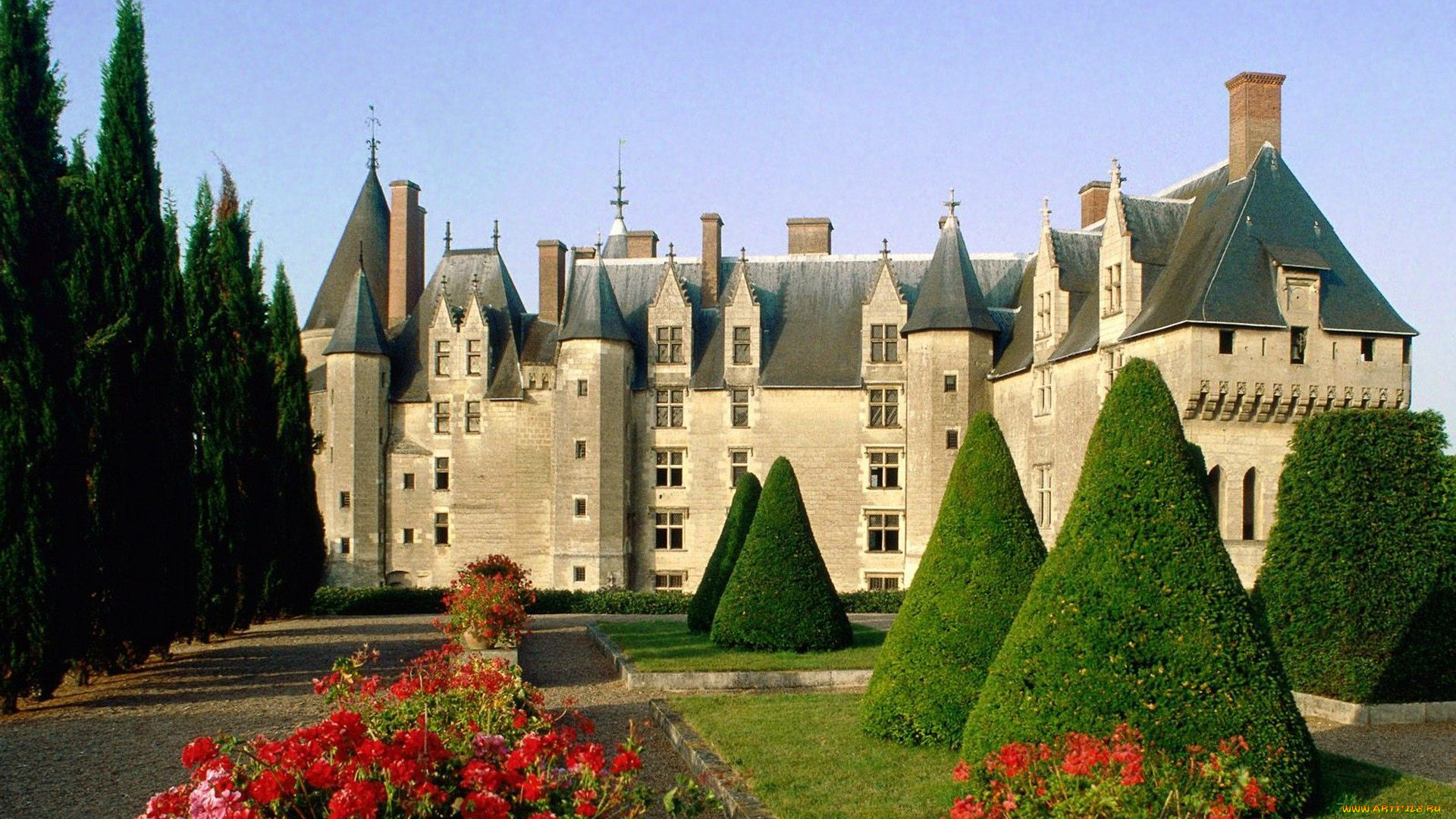 замок, ланже, города, замки, франции, деревья, цветы, парк, двор, замок