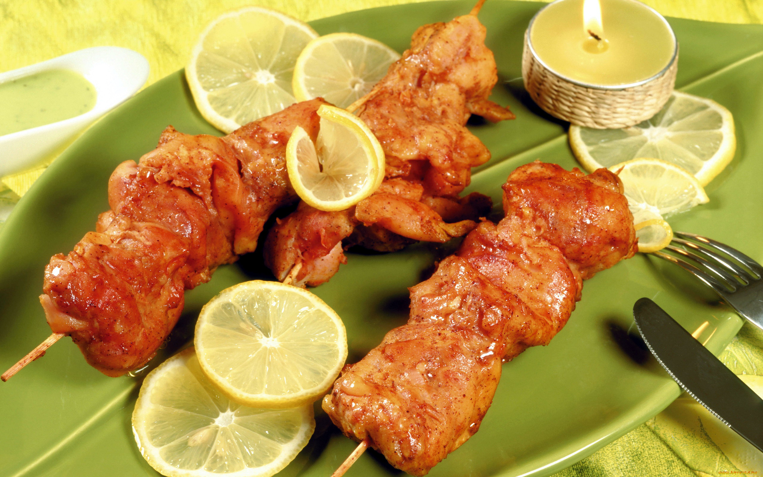 еда, шашлык, , барбекю, свеча, мясо, лимон