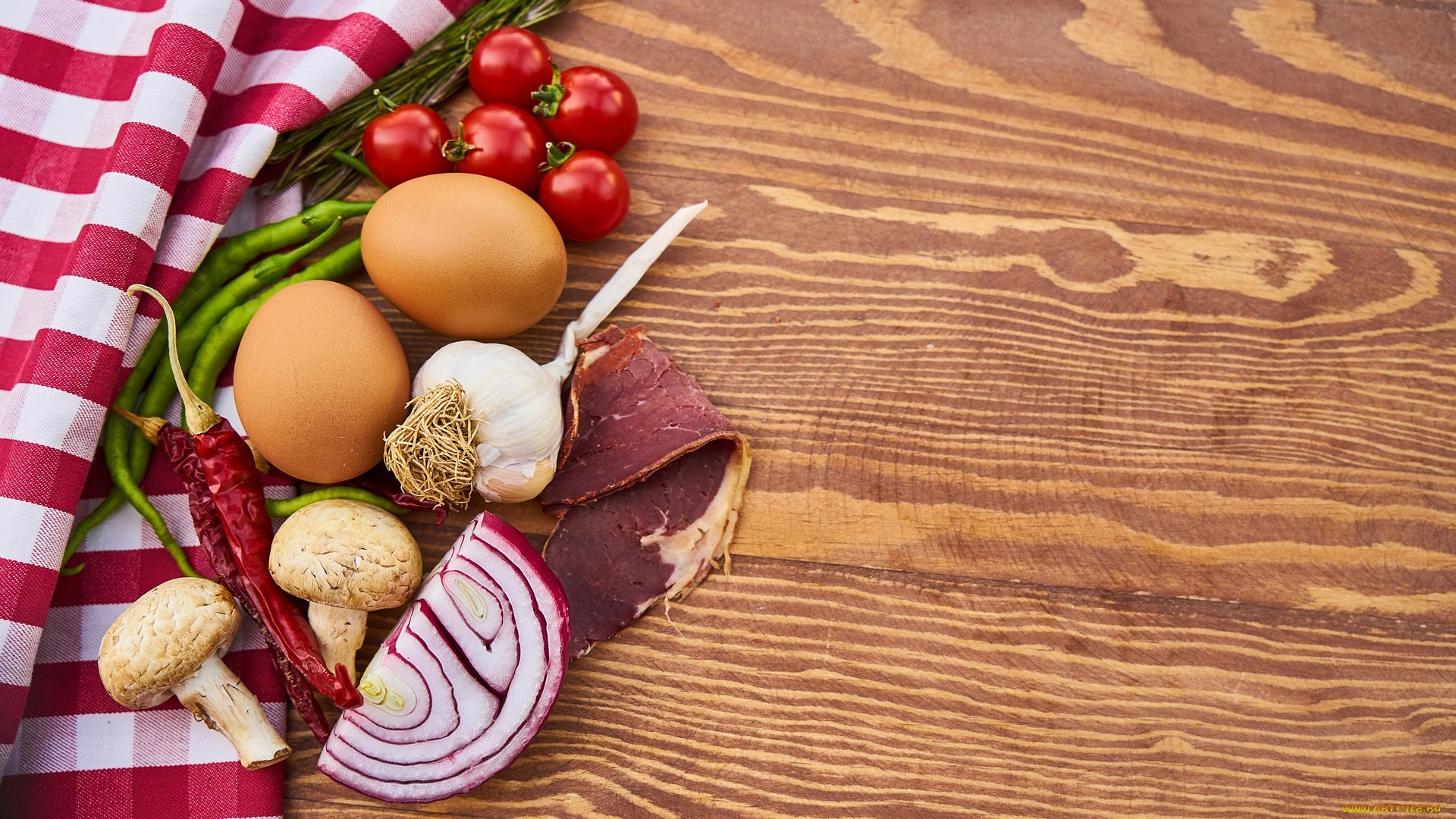 еда, разное, ветчина, чеснок, лук, перец, помидоры, яйца, томаты
