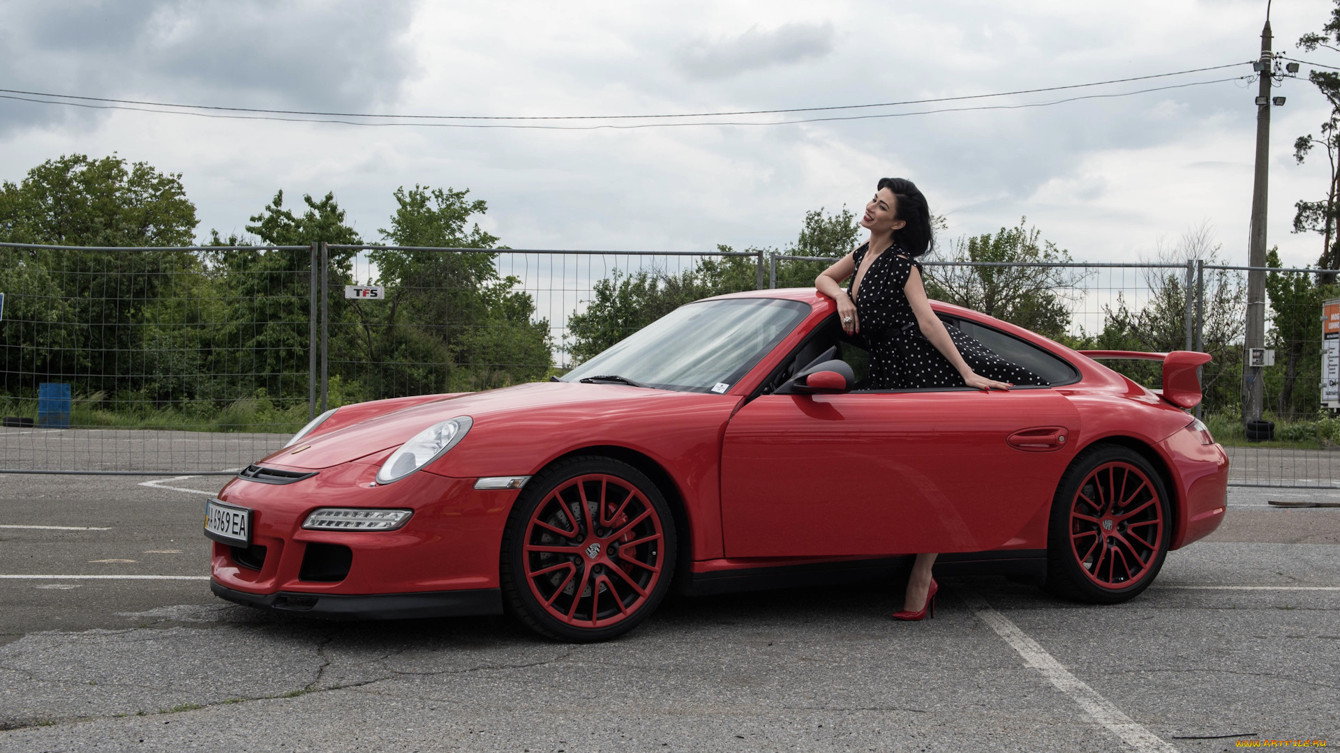 автомобили, -авто, с, девушками, брюнетка, красный, порше, платье