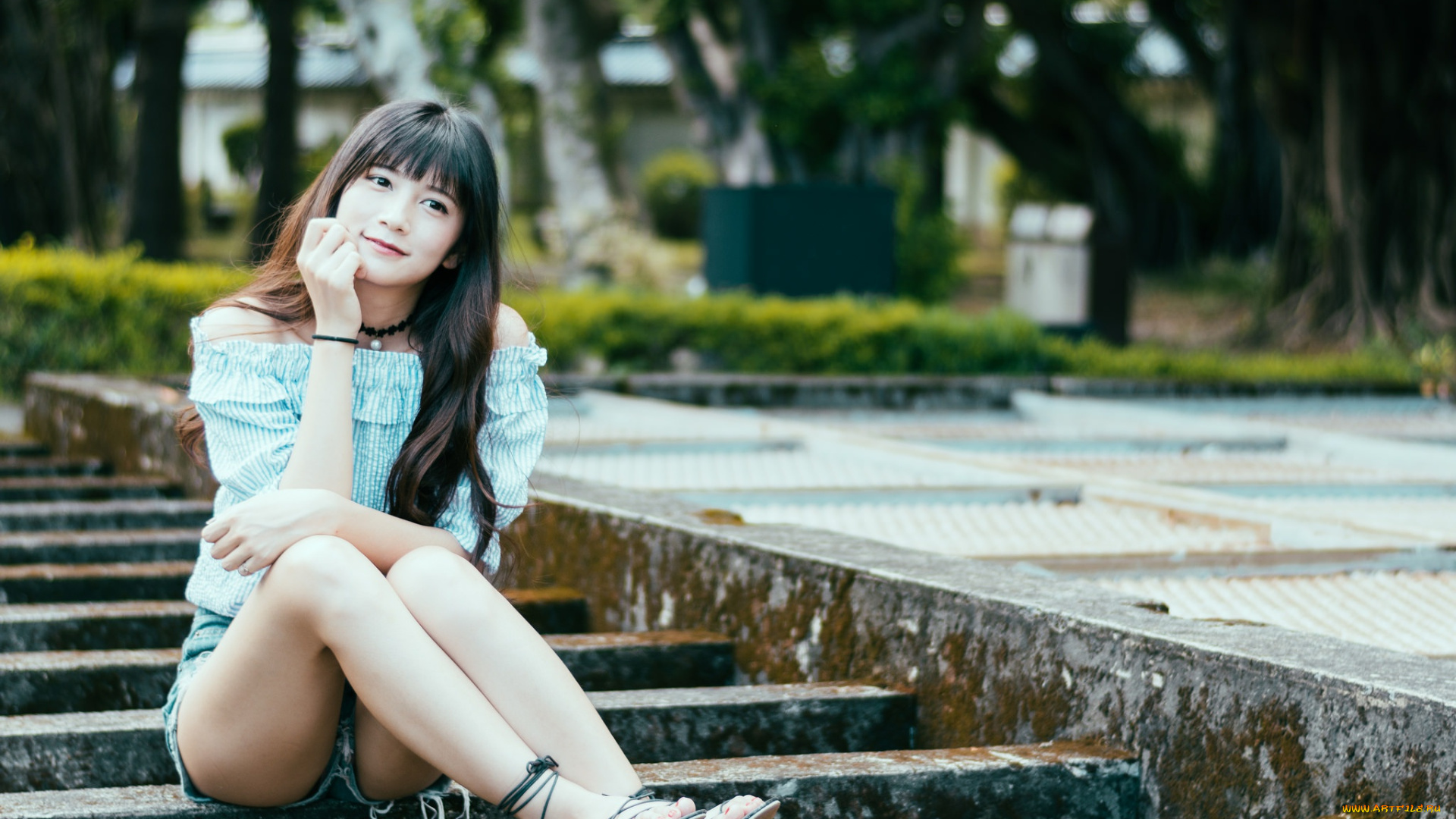 девушки, -unsort, , азиатки, парк, шорты, блузка, брюнетка