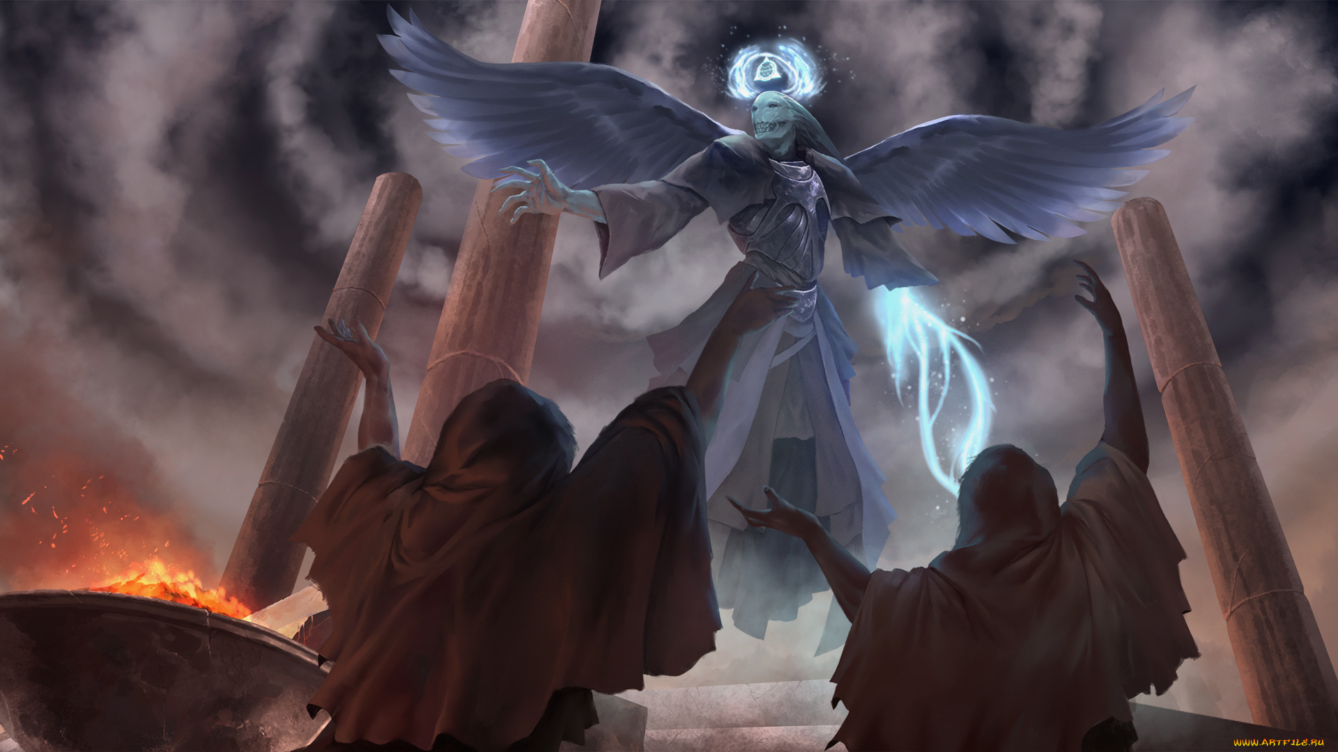 фэнтези, существа, крылья, люди, фон, существо