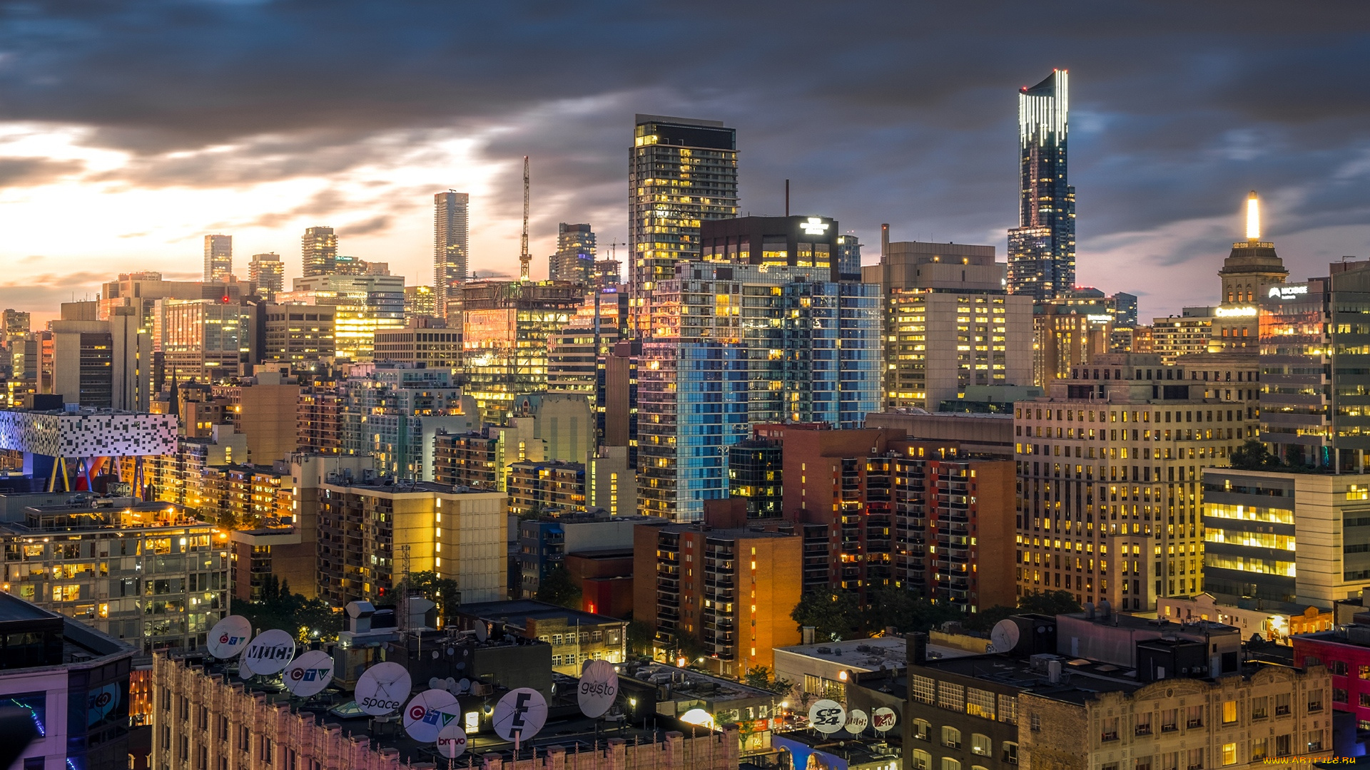 города, торонто, , канада, здания, спутниковая, антенна, торонто