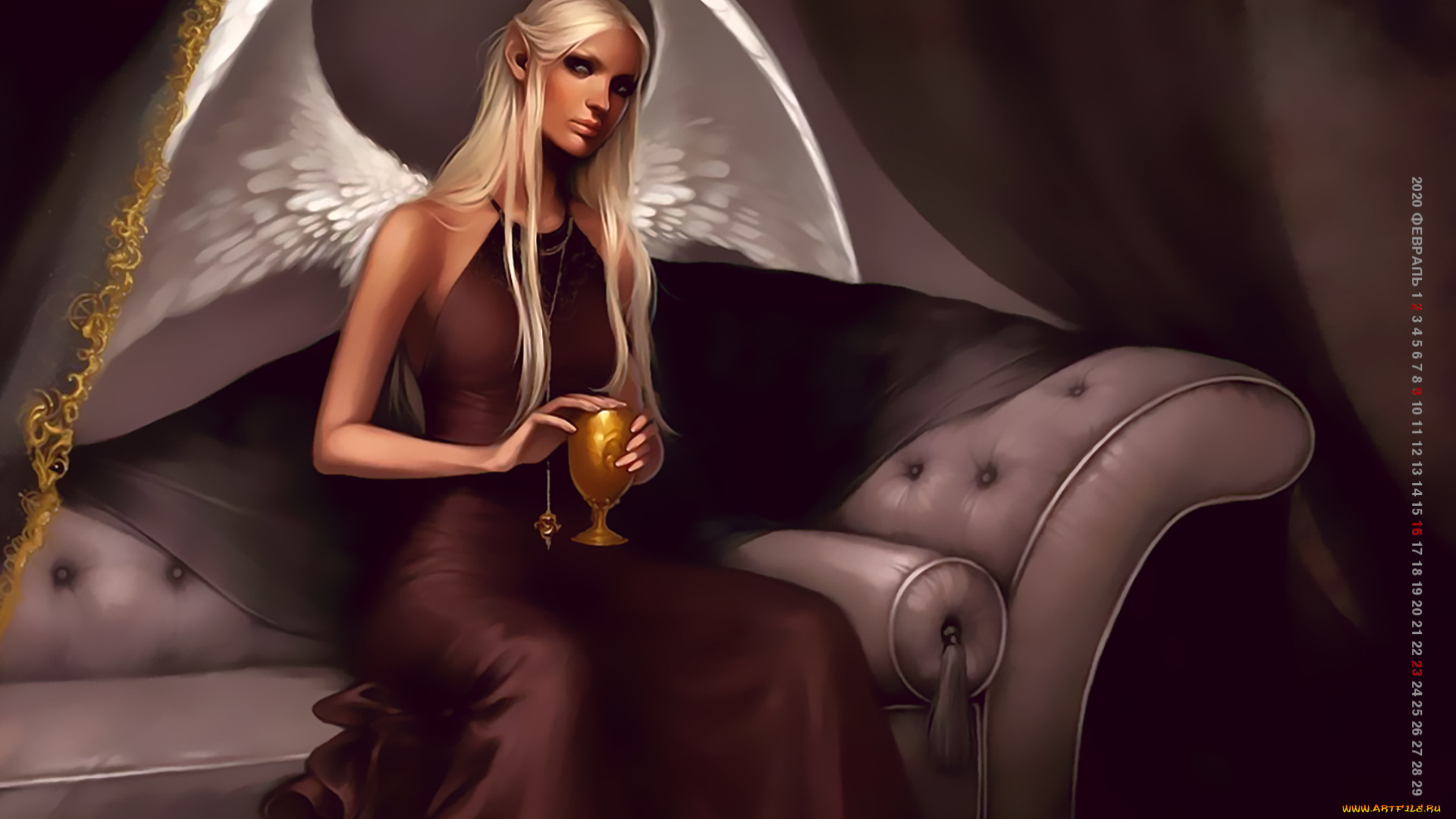 календари, фэнтези, ангел, женщина, 2020, calendar, девушка, диван, крылья, бокал
