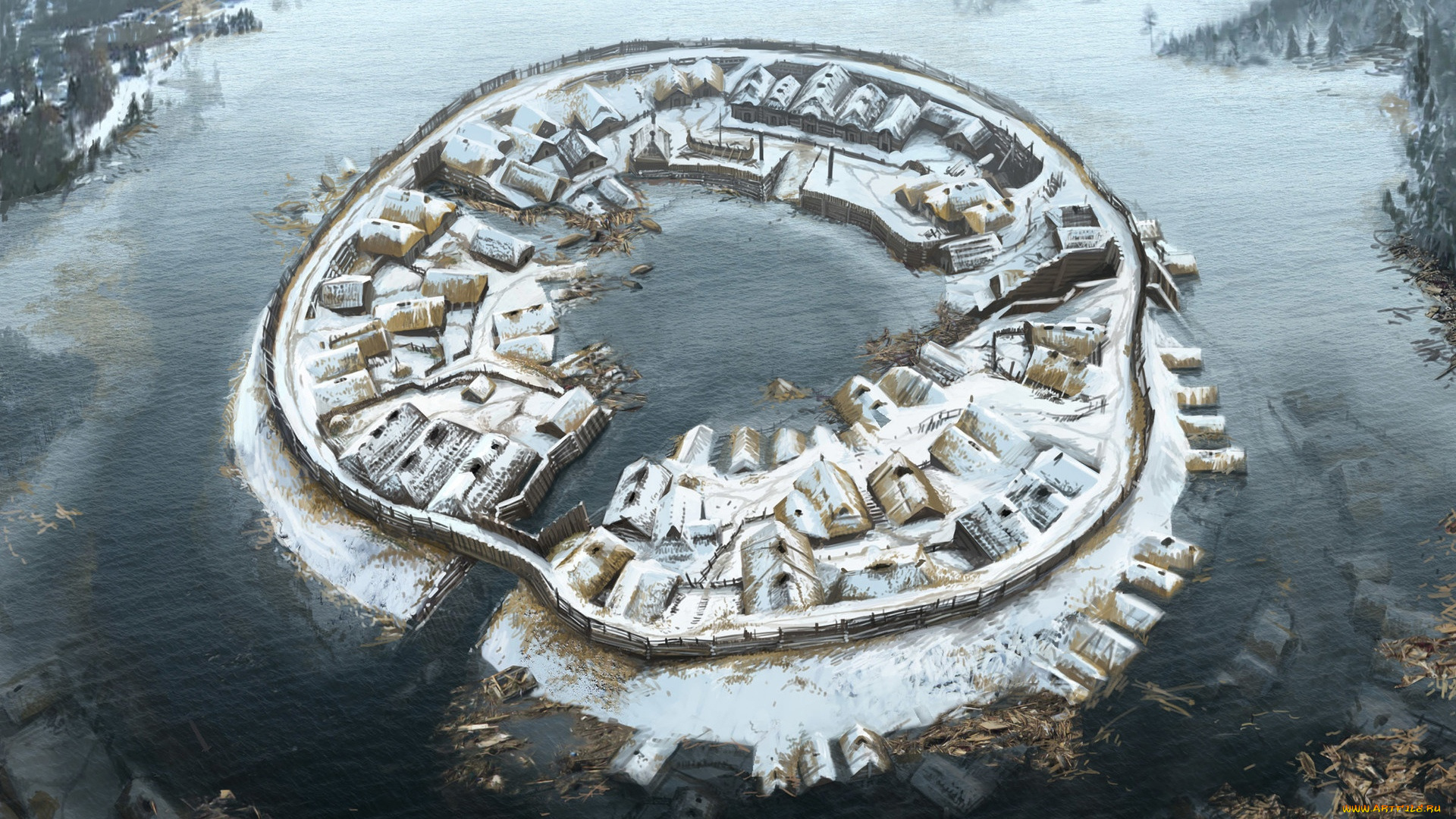 рисованное, города, вода, дома, остров, поселение