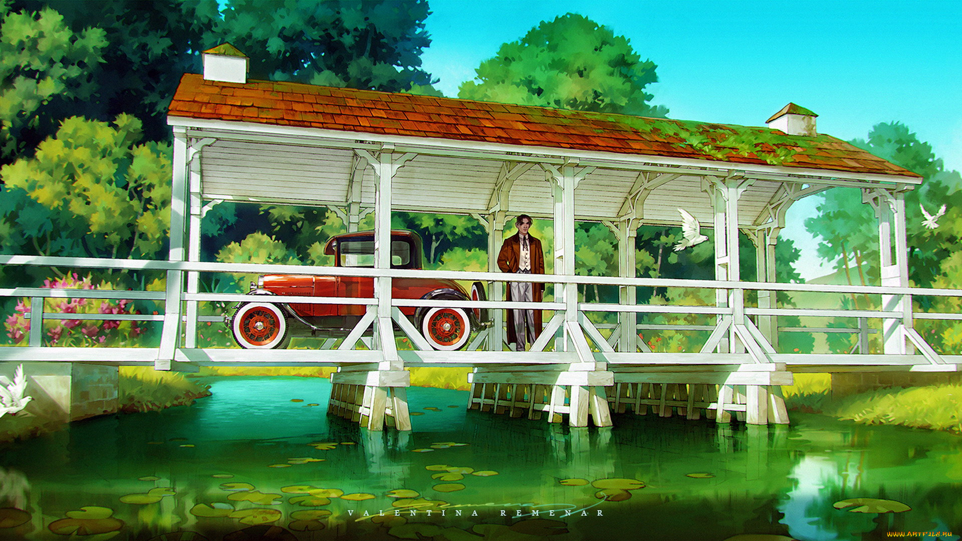 рисованное, люди, деревья, река, человек, мост, машина