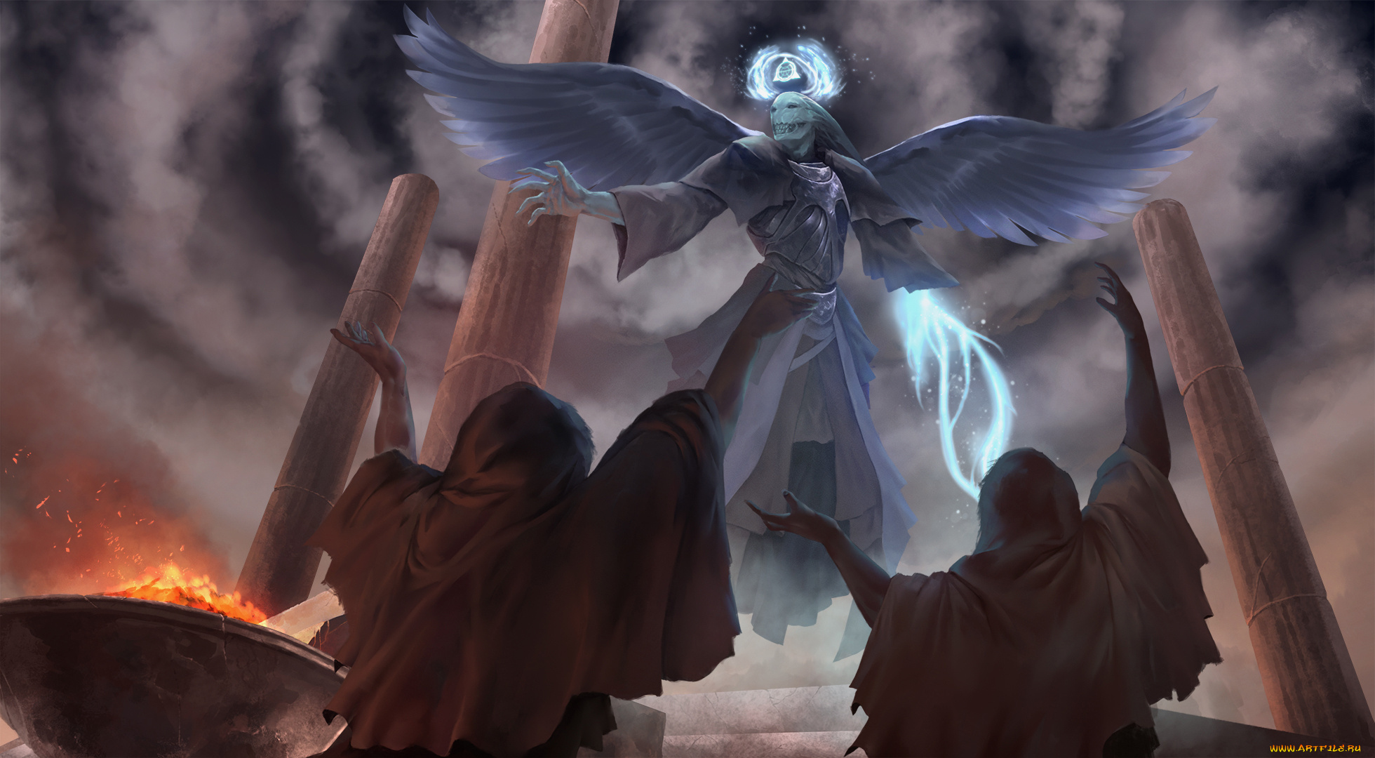 фэнтези, существа, крылья, люди, фон, существо