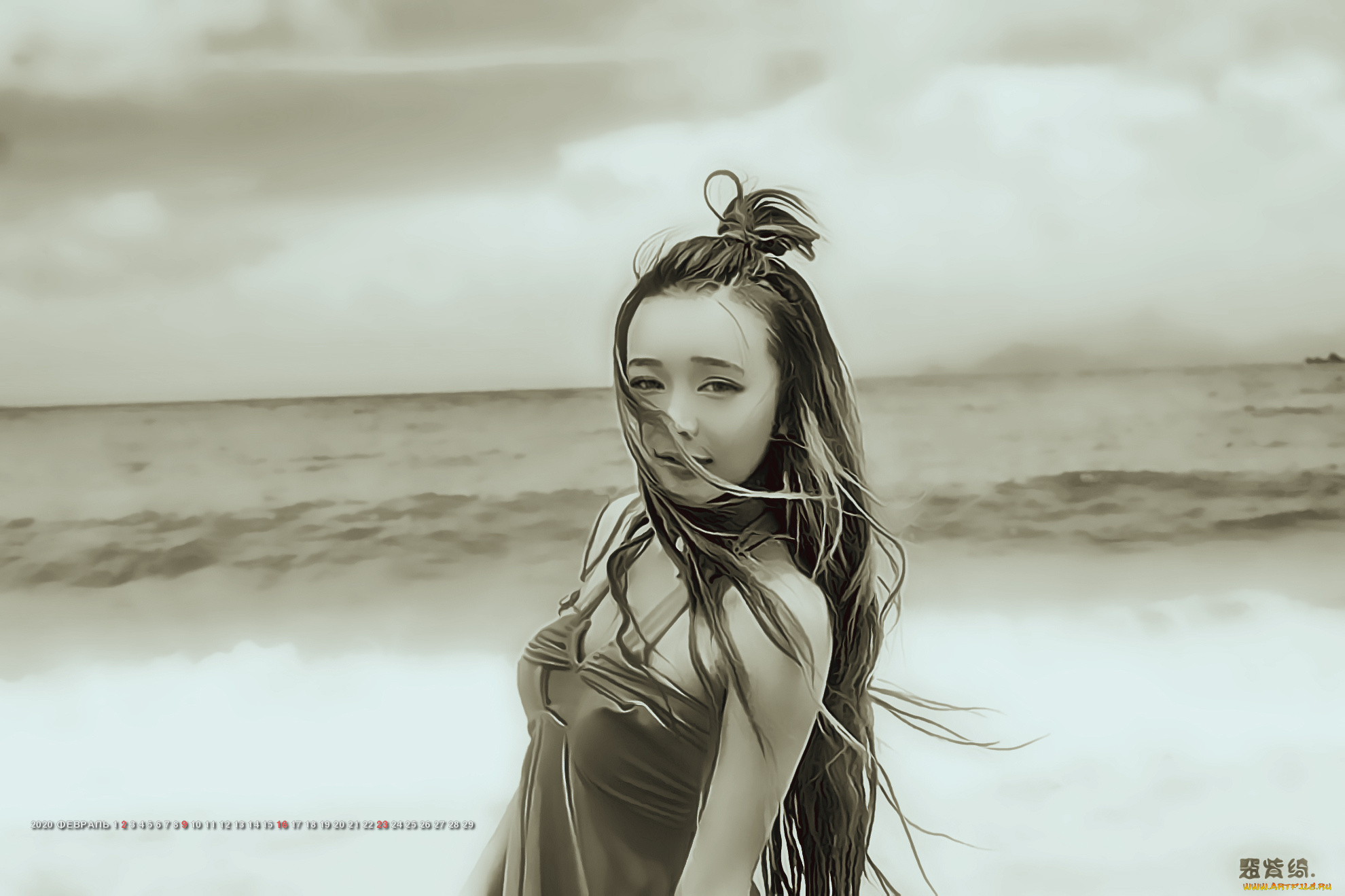 календари, компьютерный, дизайн, calendar, азиатка, девушка, водоем, 2020
