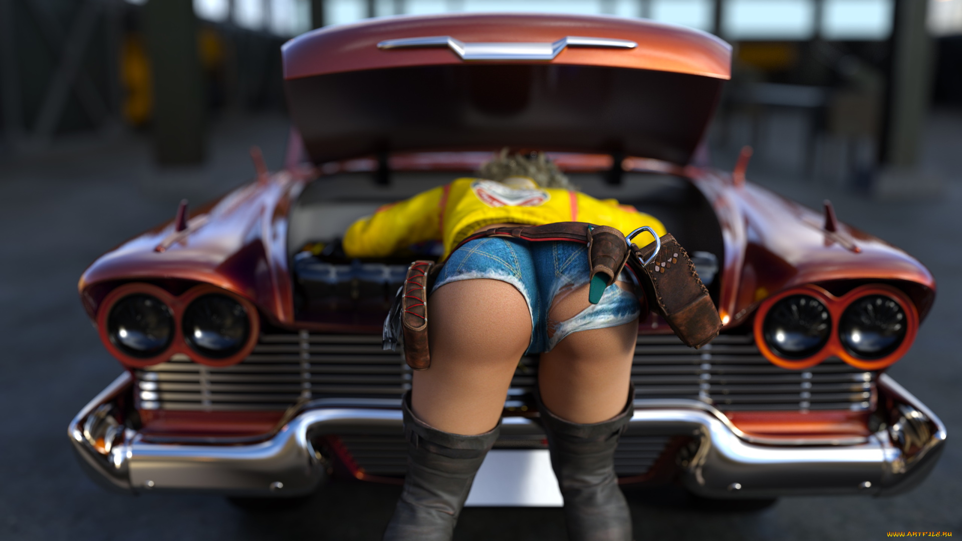 3д, графика, люди-авто, мото, , people-, car, , , moto, девушка, фон, автомобиль, поза, ракурс