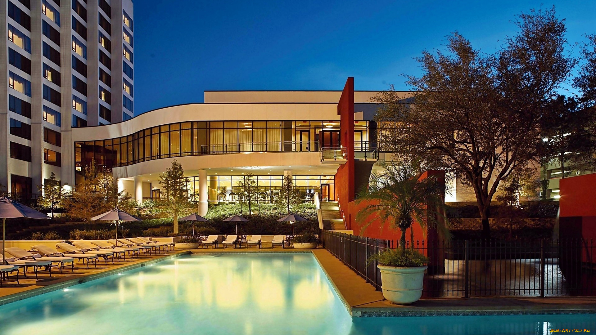 интерьер, бассейны, , открытые, площадки, отель, бассейн, вечер