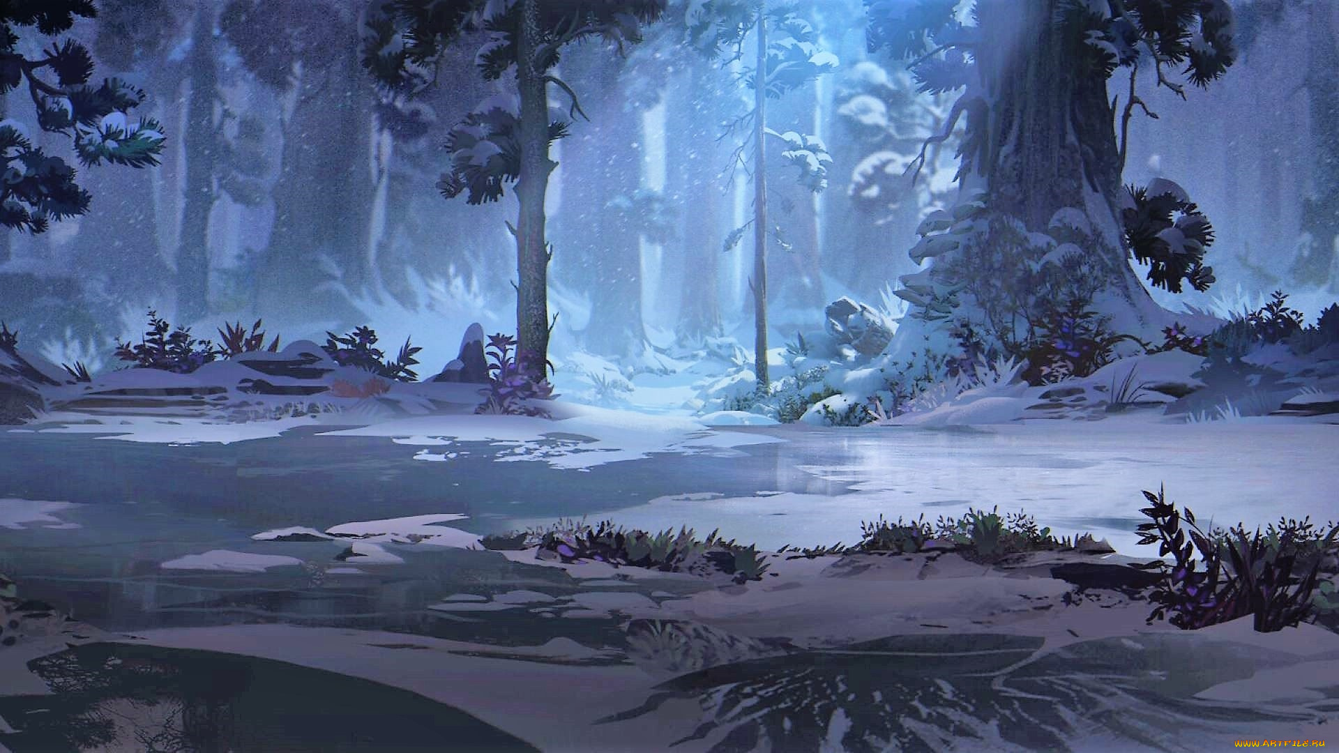 рисованное, природа, лес, снег, зима, лед