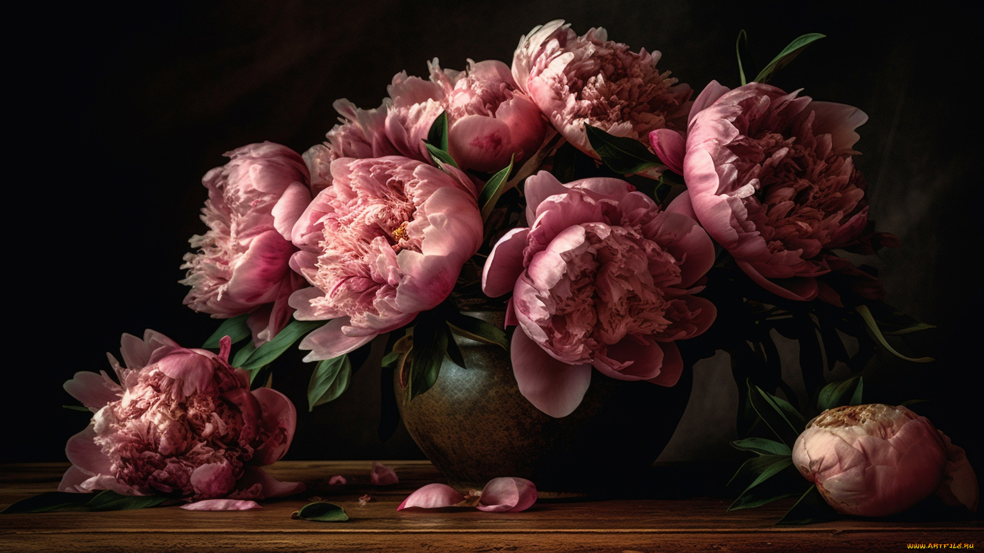 рисованное, цветы, темный, фон, букет, розовые, пионы, пышные, махровые, ии-арт