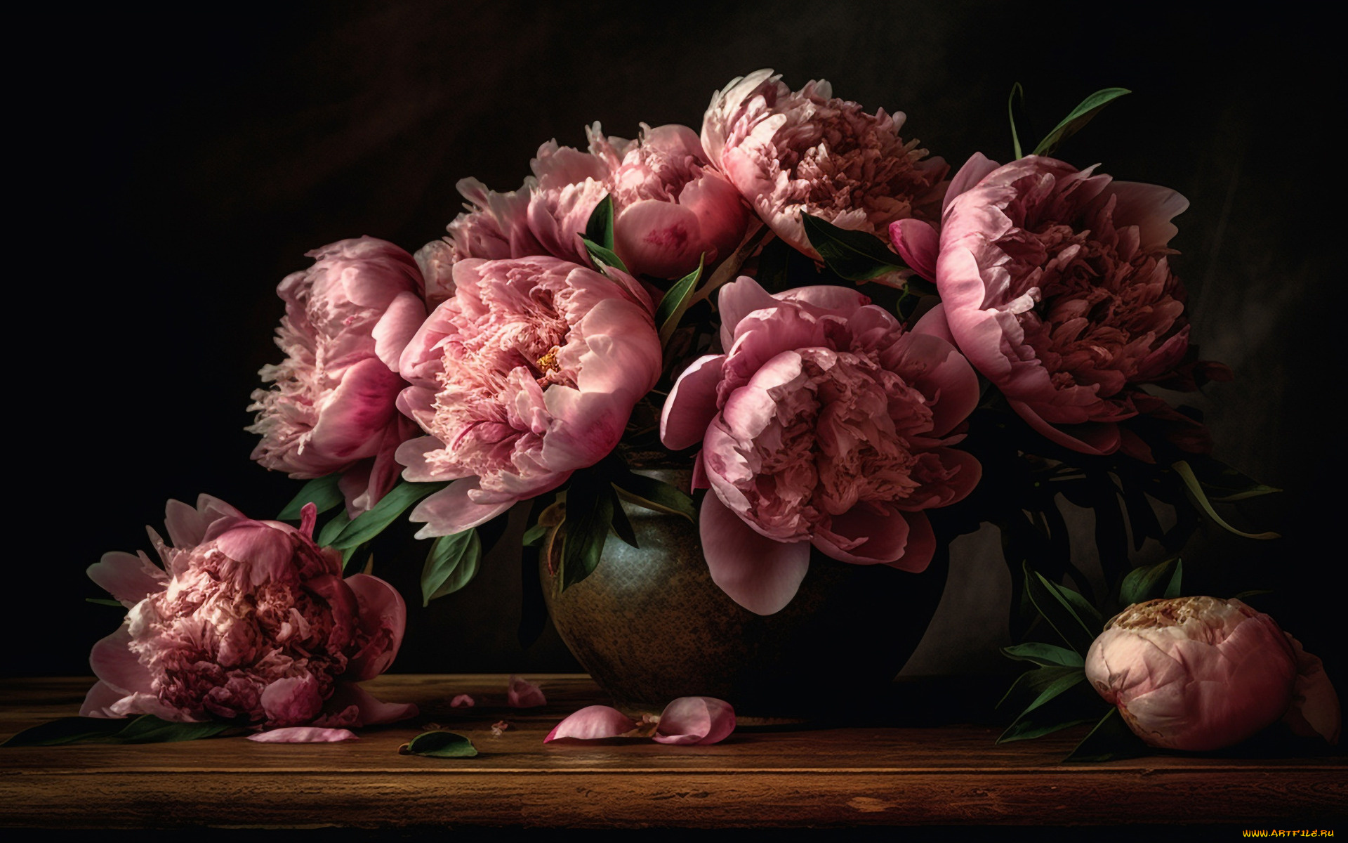 рисованное, цветы, темный, фон, букет, розовые, пионы, пышные, махровые, ии-арт