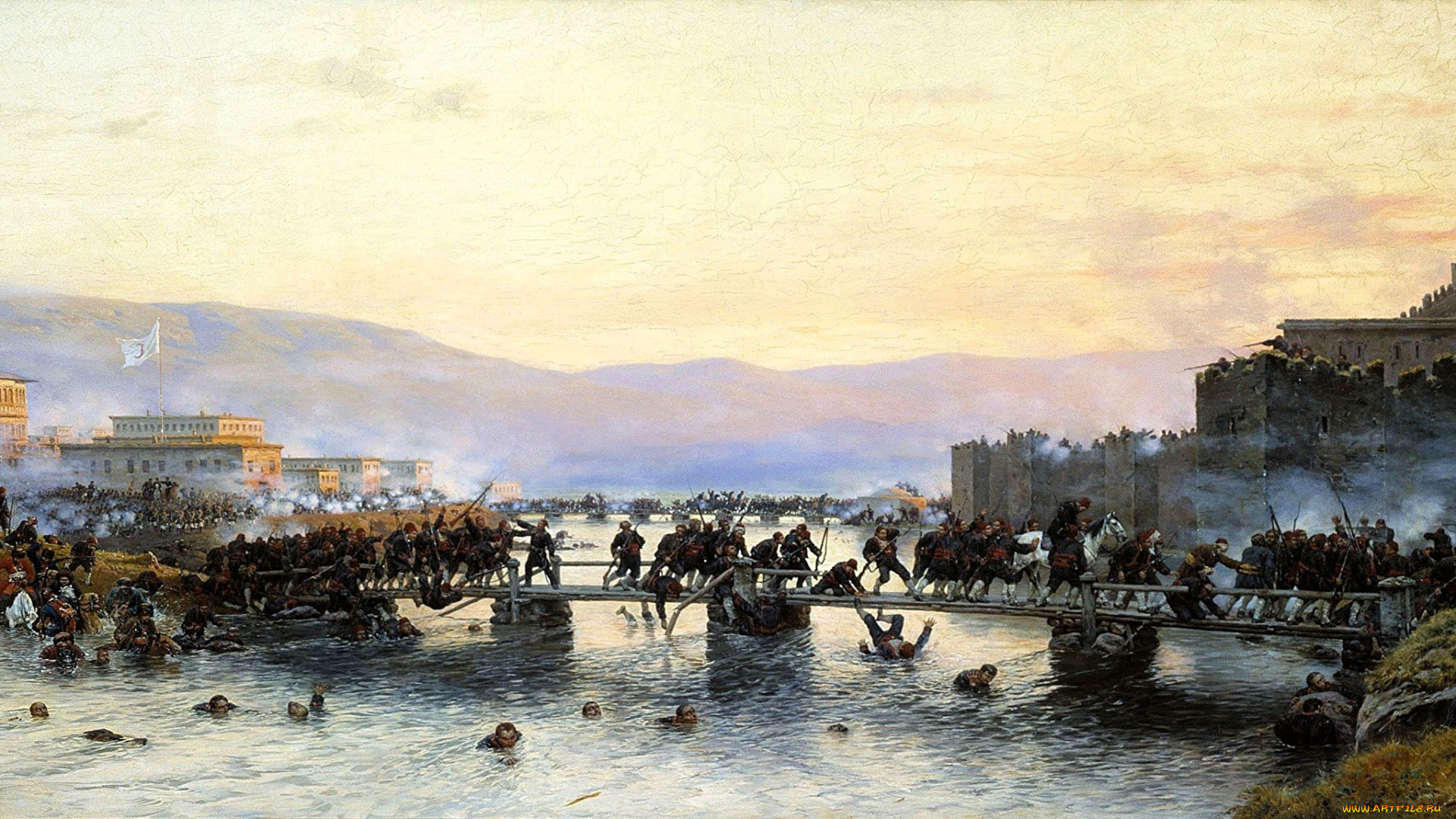 алексей, кившенко, рисованное, город, мост, река, война, войска